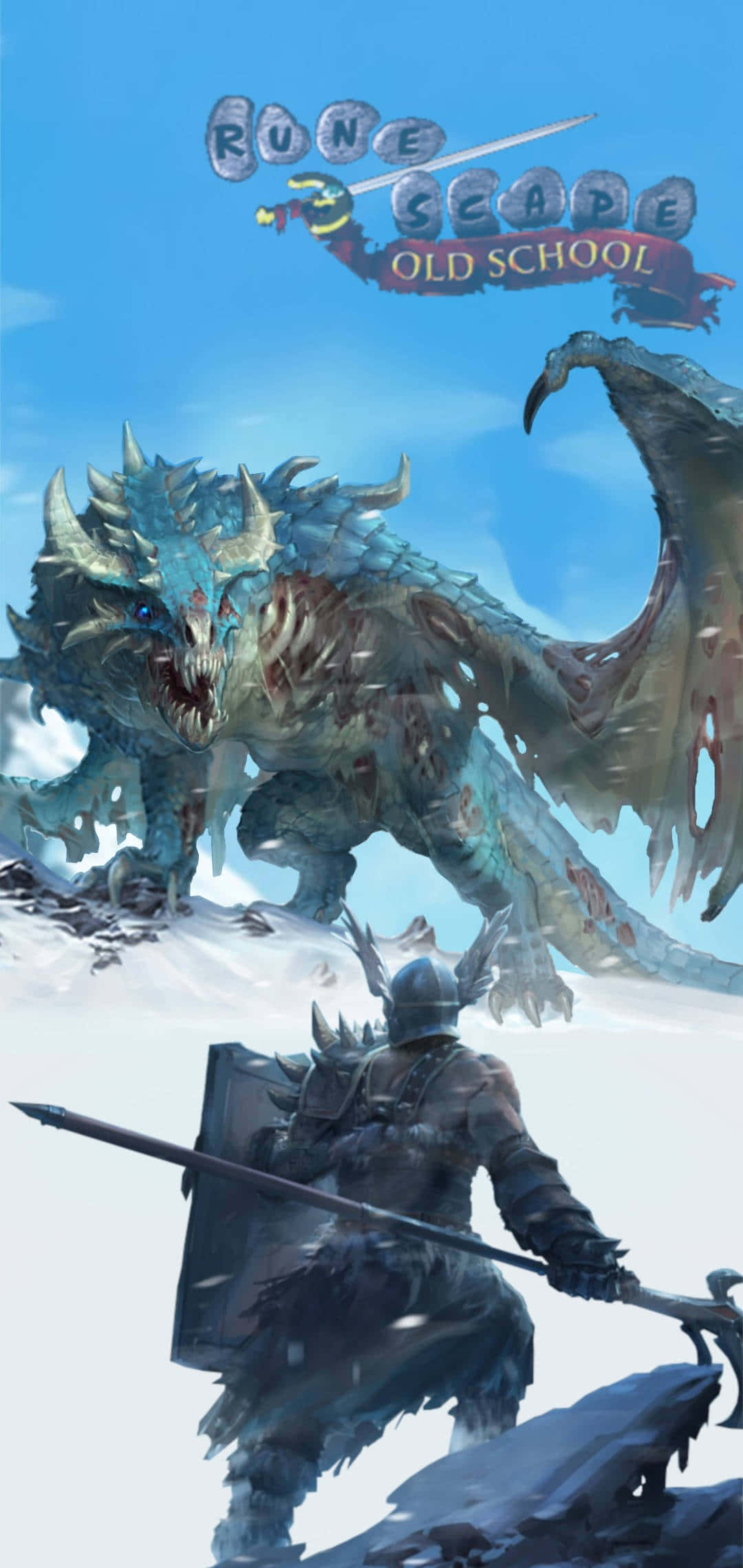 電玩遊戲 桌布 壁紙 — 一名身穿盔甲的騎士在明亮的藍天下，於白雪覆蓋的山頂上面對一條巨大的藍龍。