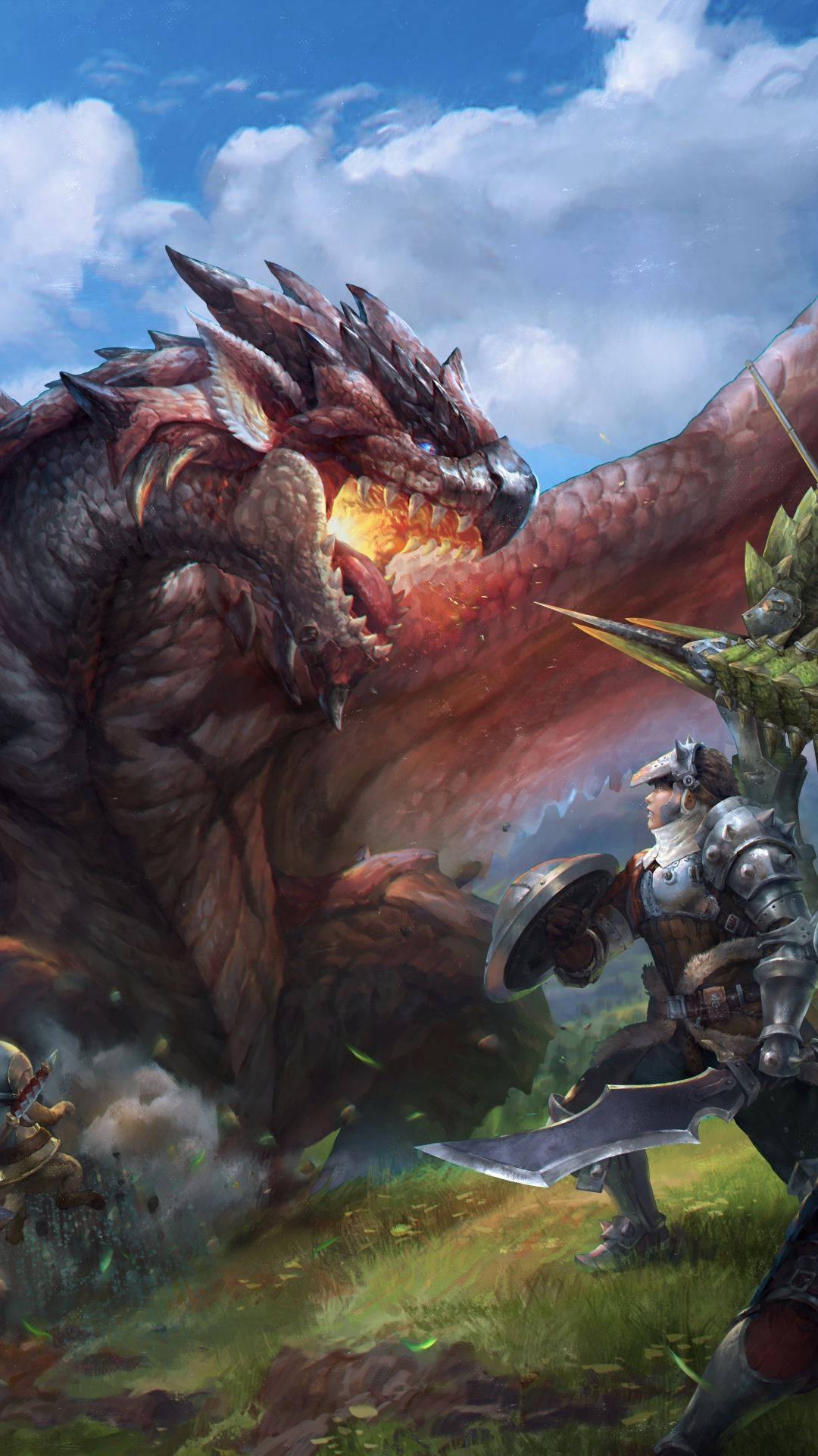 monster hunter iPhone 桌布 壁紙 — 一名身穿盔甲的騎士在藍天白雲下衝向一條噴火的巨大紅龍。