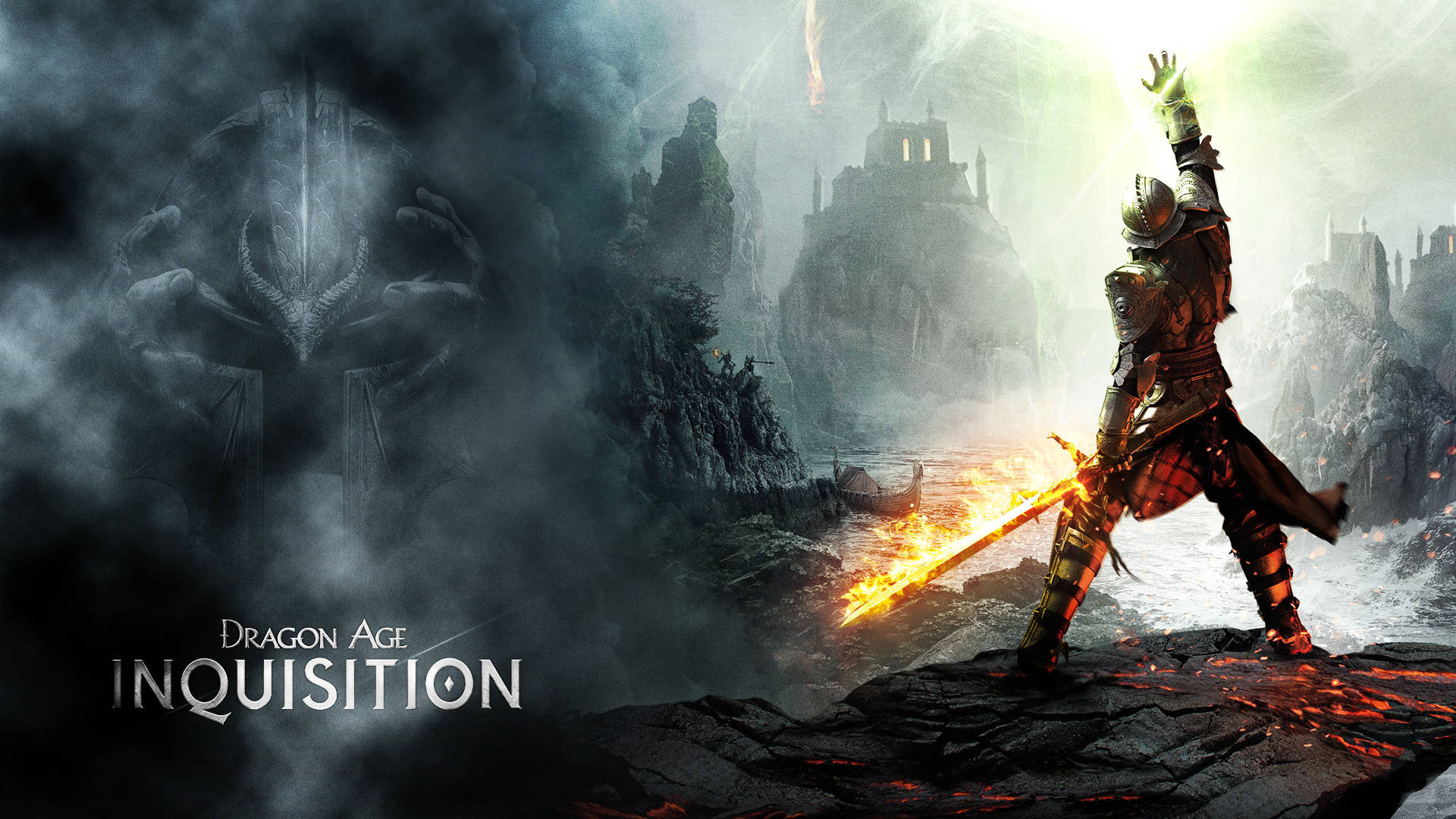 Inquisition 桌布 壁紙 — 一名身穿盔甲的騎士站在熔岩條紋的懸崖上，揮舞著發光的劍，面對一個巨大的陰影怪物，背景是迷霧籠罩的廢墟景觀。