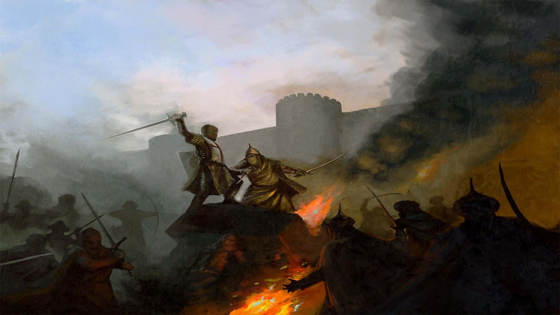 Crusader 桌布 壁紙 — 一名身穿盔甲的騎士與一名戴兜帽的戰士在城堡破牆附近燃燒的戰鬥煙霧中交鋒。