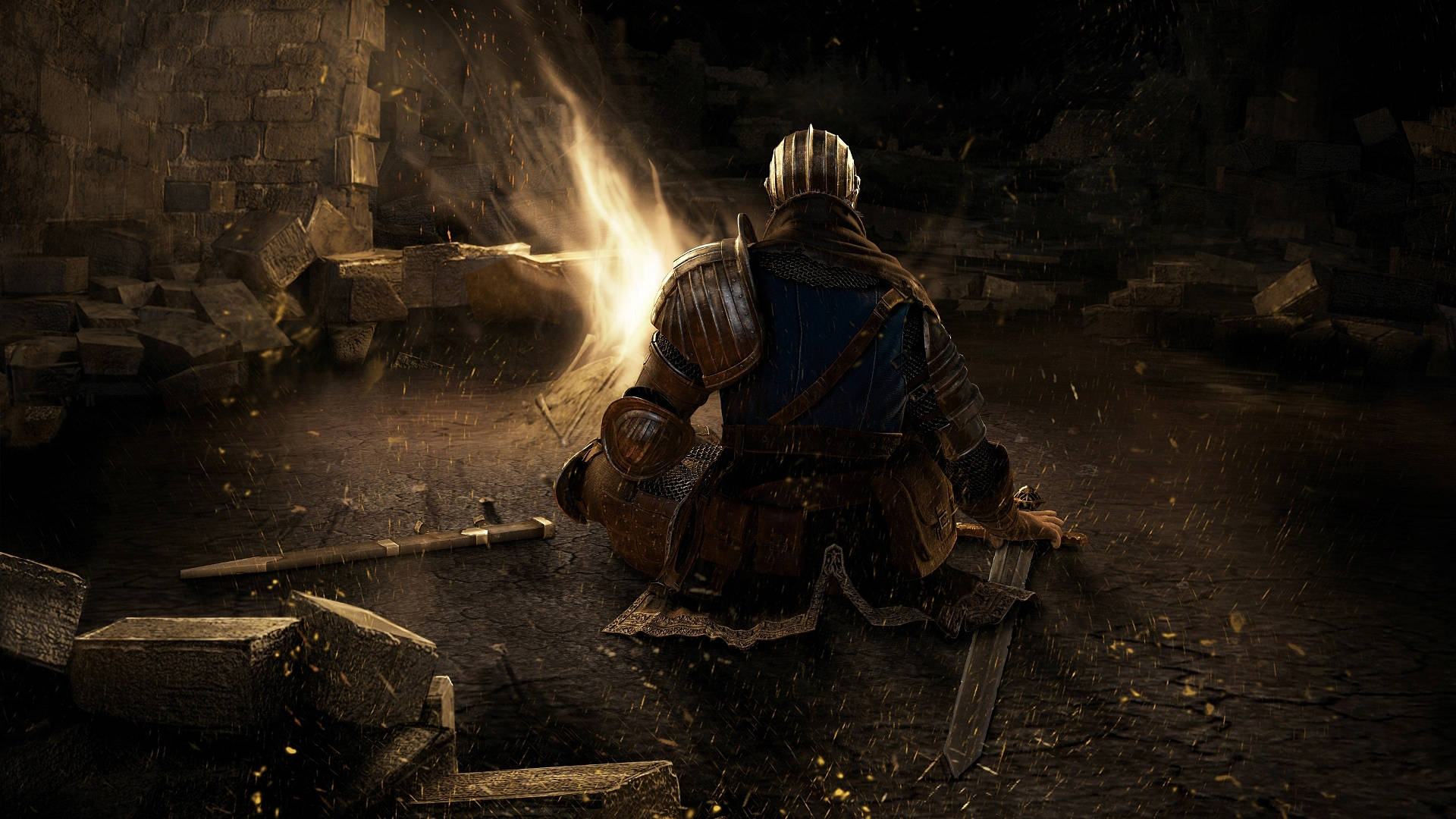 dark souls 4K 桌布 壁紙 — 一名身穿盔甲的騎士跪在廢墟石庭院中熊熊燃燒的營火旁，火花在他周圍飛舞。
