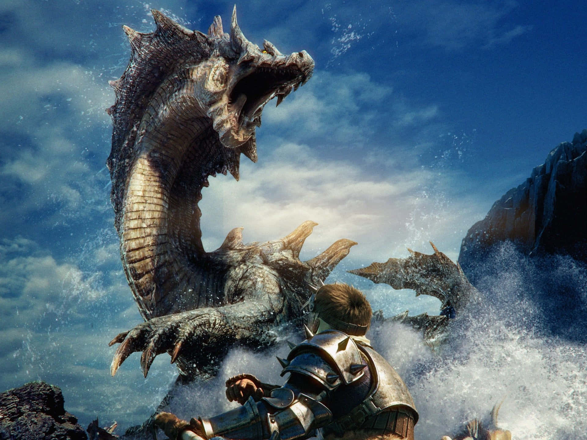 Monster Hunter 3 桌布 壁紙 — 一名身穿盔甲的騎士面對一隻從洶湧波濤中出現的巨大海龍，背景是明亮的藍天。