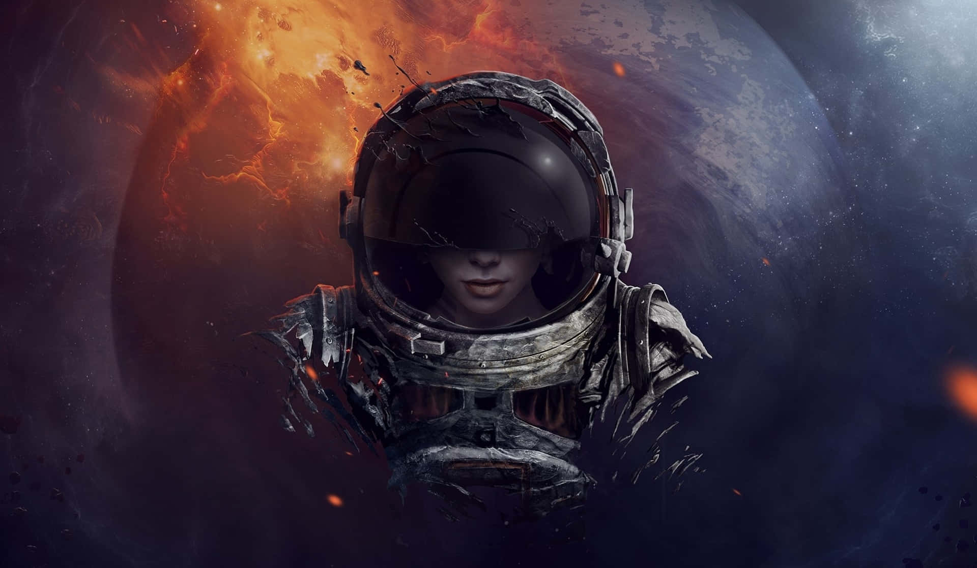 Scary Space 桌布 壁紙 — 一名身穿破損太空衣的孤獨太空人在太空中漂浮，背後是熾熱行星和黑暗星雲。