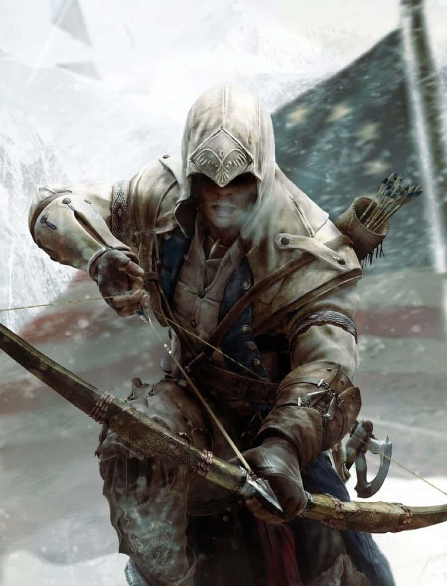 Connor Kenway 桌布 壁紙 — 一名身穿破爛皮革的 hooded 刺客，在白雪皚皚、模糊的戰場背景下，全神貫注地拉弓。