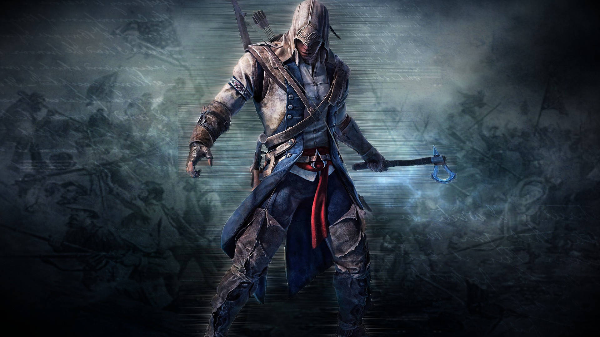 PC 遊戲 桌布 壁紙 — 一名身穿破爛藍白服裝的蒙面刺客，在風暴陰暗的戰場背景下揮舞著發光的刀刃。
