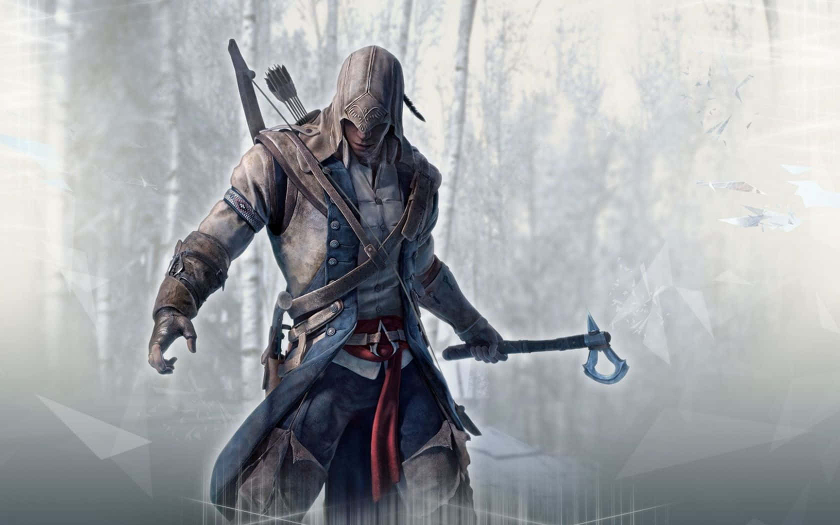 Connor Kenway 桌布 壁紙 — 一名身穿破爛衣服的戴帽刺客，在霧氣瀰漫、有白樺樹和飄雪的森林中揮動戰斧。