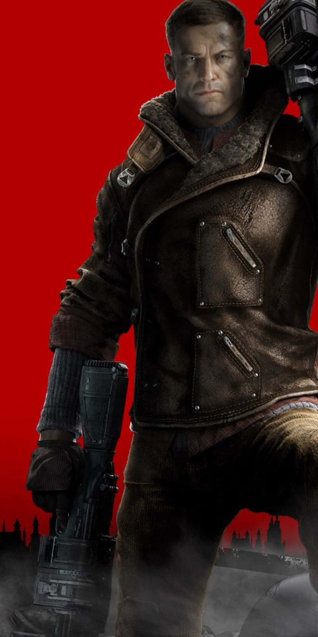 Pixel 3 Wolfenstein Ii 桌布 壁紙 — 一名身穿破舊皮夾克的粗獷士兵，站在鮮紅色背景前，手持重型武器。
