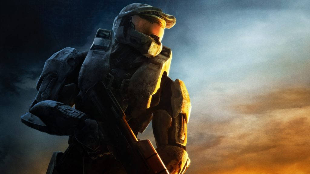 4K halo 桌布 壁紙 — 一名身穿破舊盔甲的斯巴達戰士，在橙藍雲彩的戲劇性日落天空下呈現剪影。