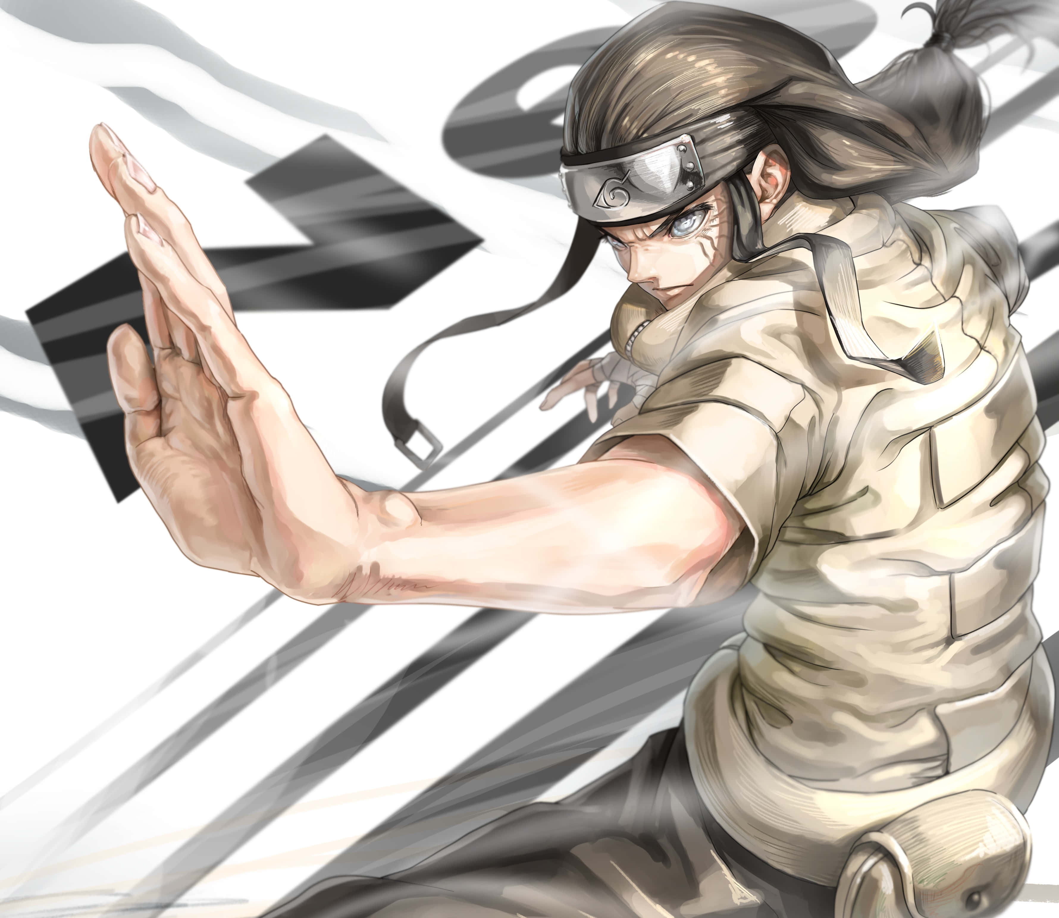 Illustration Art 桌布 壁紙 — 一名身穿米色裝備的動漫忍者，在動態黑白運動背景前，專注地向前伸出手。