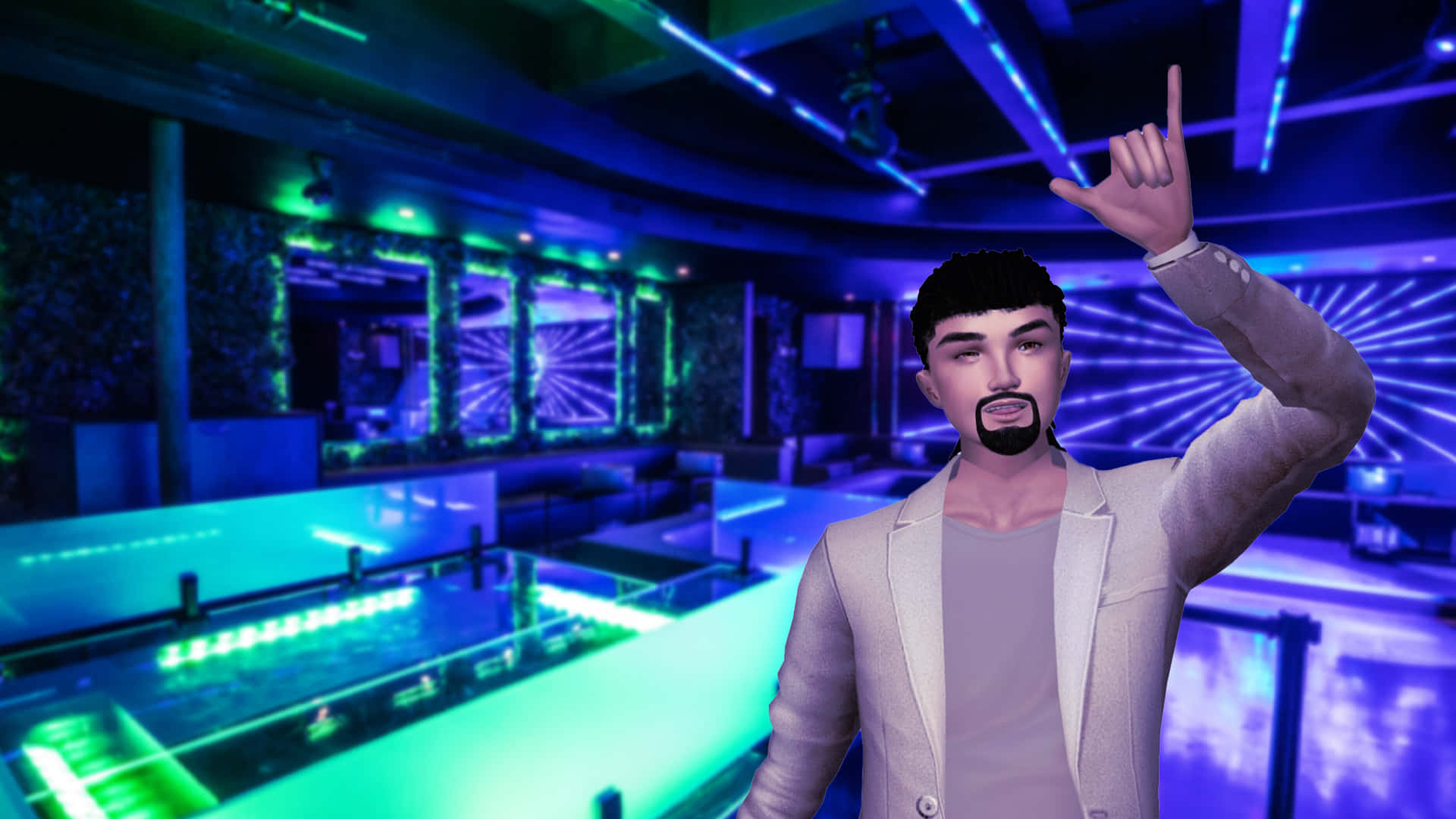 imvu 桌布 壁紙 — 一名身穿米色西裝的男子在霓虹燈光閃爍的夜店中自信地做手勢，燈光呈現綠色和藍色。