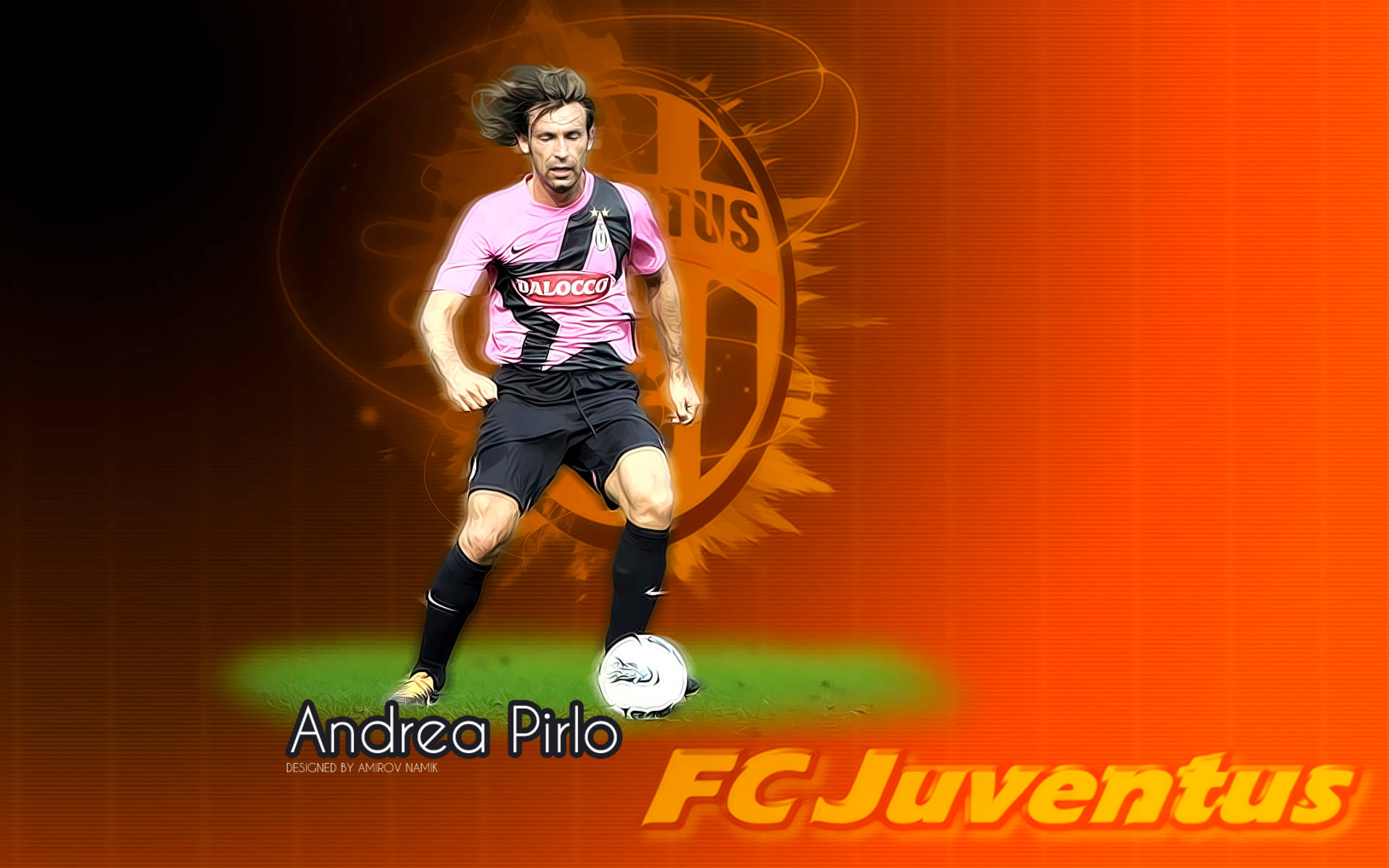 andrea pirlo 桌布 壁紙 — 一名身穿粉紅和黑色球衣的動感足球運動員，在帶有球隊品牌的火橙色漸變背景上運球。