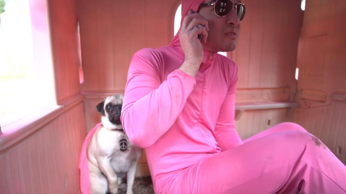 filthy frank 桌布 壁紙 — 一名身穿粉紅色全身緊身衣和太陽眼鏡的男子正在講電話，而一隻穿著相配斗篷的哈巴狗坐在他旁邊，位於粉紅色的木屋內。