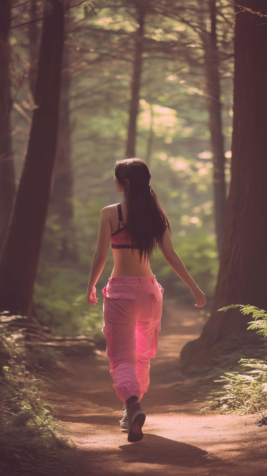 Woman Walking on Forest Path, Sun Dappled, Serene Atmosphere 壁紙 — 一名身穿粉紅色工裝褲和運動內衣的女性在陽光明媚的森林小徑上走開，周圍環繞著高大的樹木。