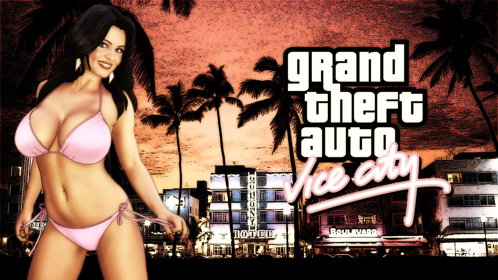 Gta 桌布 壁紙 — 一名身穿粉紅色比基尼的女性站在霓虹燈照亮的罪惡城市天際線前，棕櫚樹下是熾熱的日落。