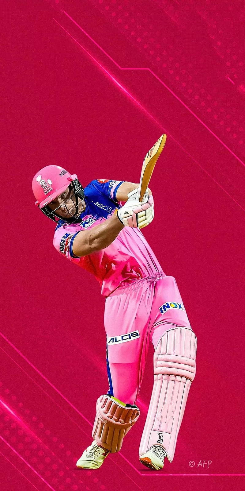 jos buttler 桌布 壁紙 — 一名身穿粉紅色球衣的板球運動員在充滿活力的洋紅色背景上揮動球棒，背景帶有發光的幾何線條。