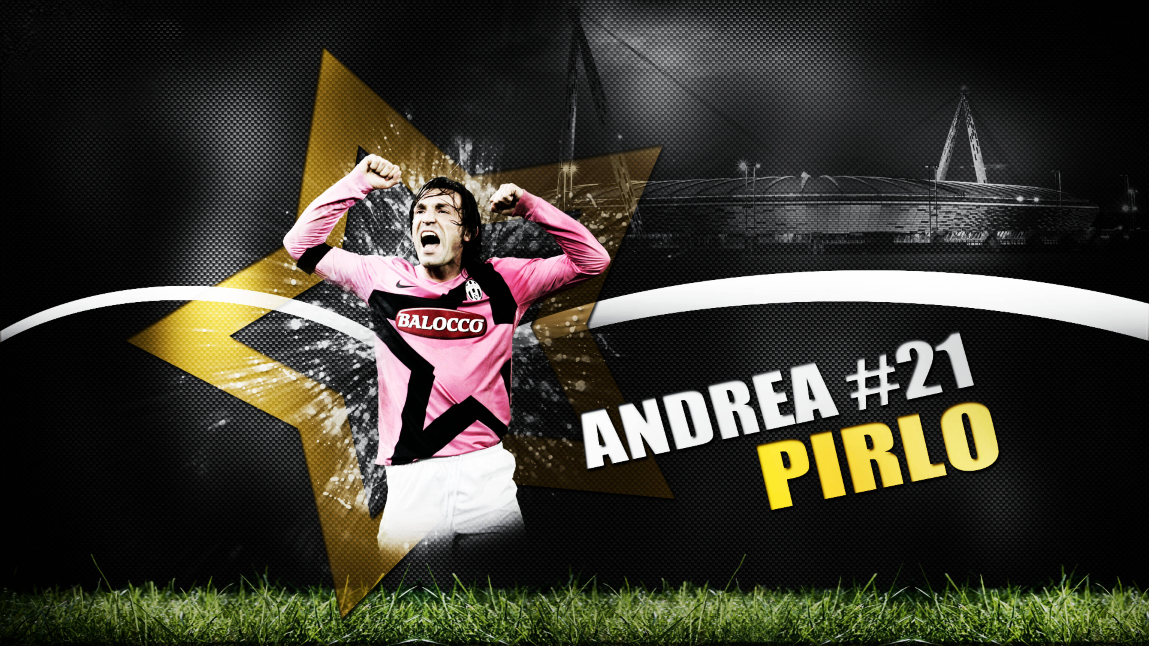 andrea pirlo 桌布 壁紙 — 一名身穿粉紅色球衣的足球運動員在黑色背景上，襯托著金色星星和體育場剪影，勝利地慶祝。