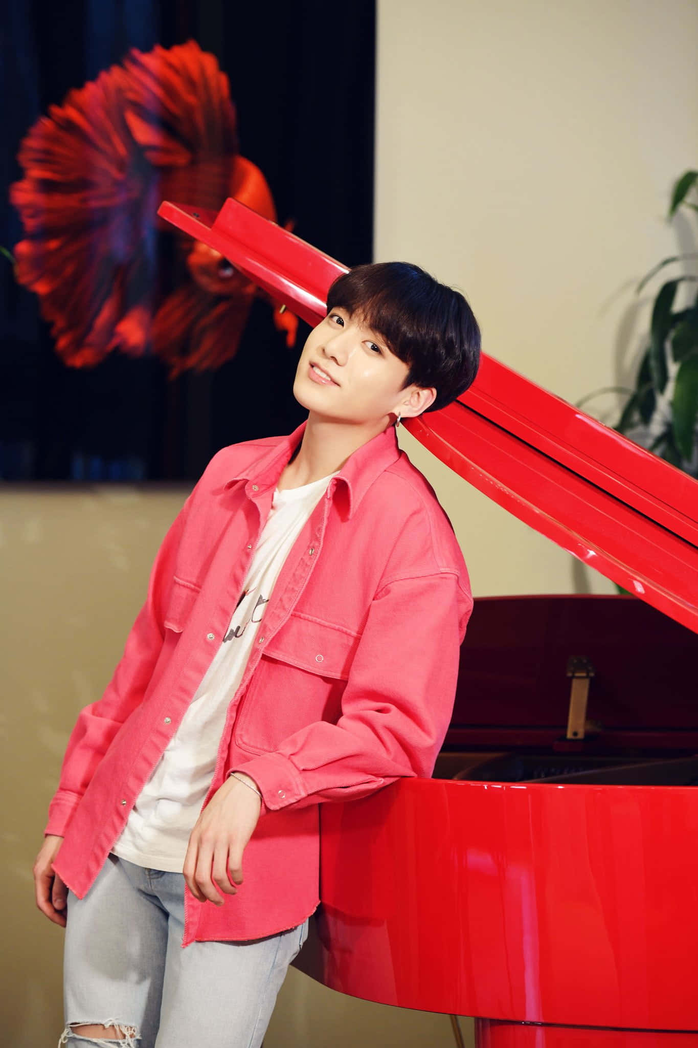 Jungkook 桌布 壁紙 — 一名身穿粉紅色襯衫的年輕男子隨意地靠在一架光亮的紅色三角鋼琴上，背景有一條鮮紅色的鬥魚。