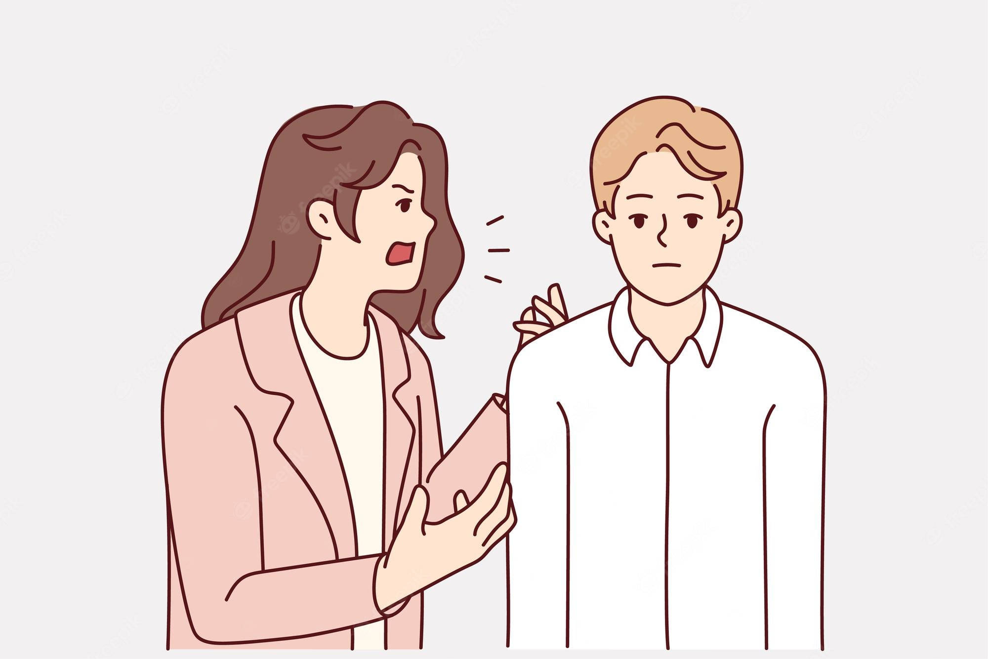 數位藝術 桌布 壁紙 — 一名身穿粉紅色西裝外套的女子，一邊用手比劃，一邊憤怒地向一名身穿白襯衫的男子大喊。