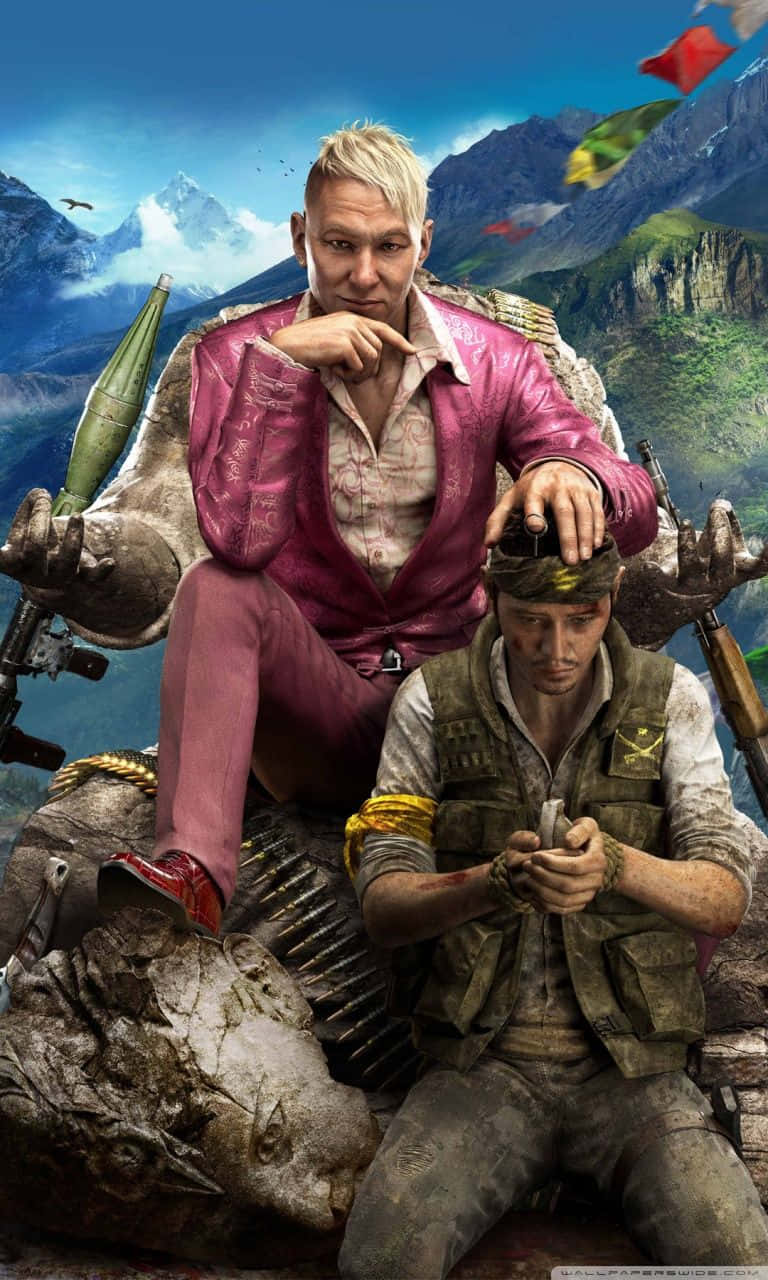 iPhone Xs Far Cry 3 桌布 壁紙 — 一名身穿粉紅色西裝的男子坐在一個巨大的頭骨上，旁邊有一名士兵，背景是山巒。