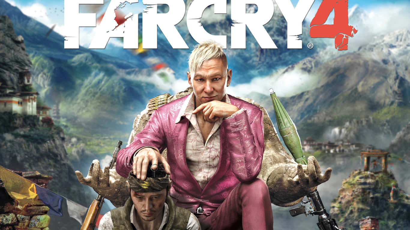 1366x768 Far Cry 5 桌布 壁紙 — 一名身穿粉紅色西裝的男子坐在一名手持武器的士兵身上，背景是喜馬拉雅山脈，並有遊戲標題文字。