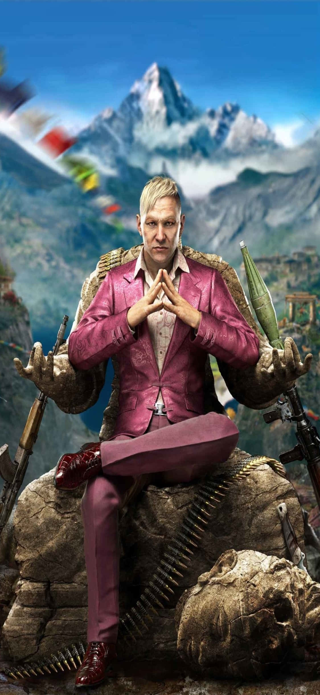 iPhone X Far Cry 3 桌布 壁紙 — 一名身穿粉紅色西裝的男子盤腿坐在一個佈滿武器和頭骨的岩石王座上，背景是雪山和經幡。