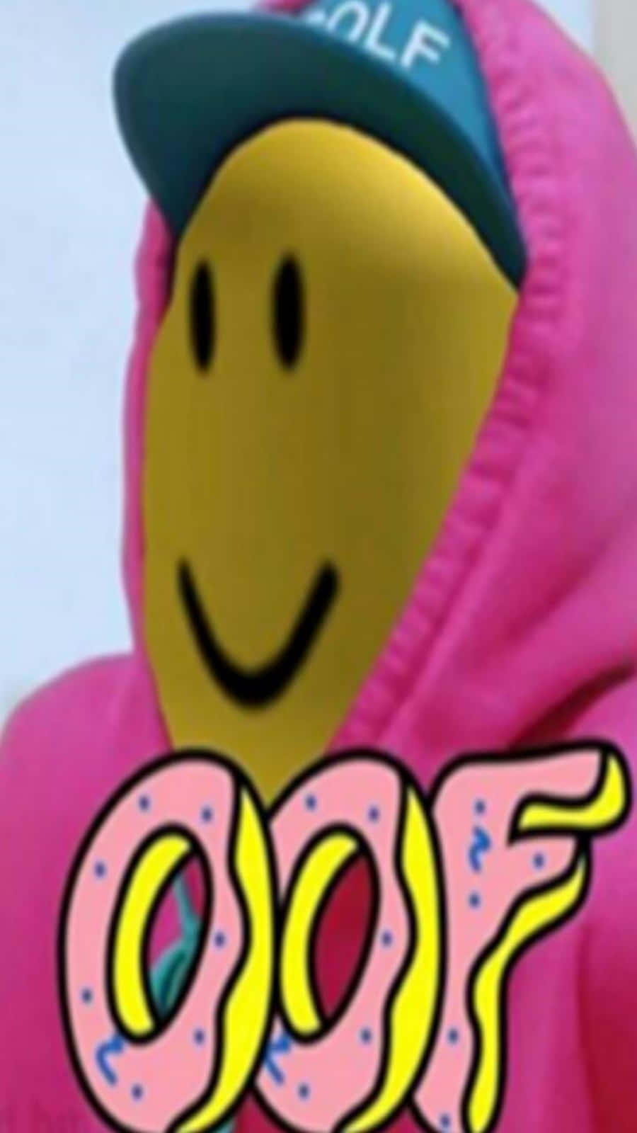 Roblox 桌布 壁紙 — 一名身穿粉紅色連帽衫、戴著黃色笑臉口罩和藍色帽子的人，上面有一個大的粉紅色「OOF」圖案。
