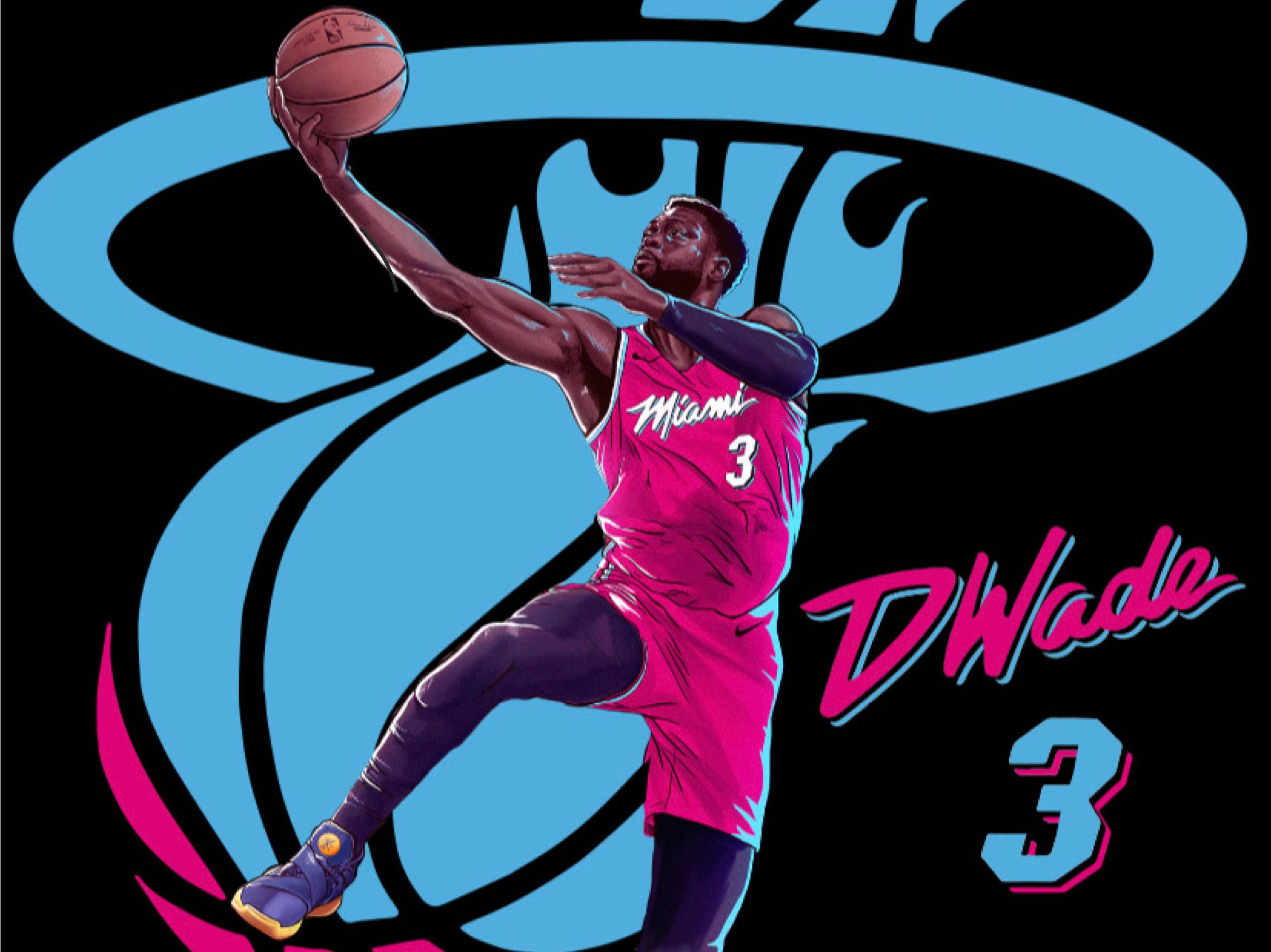NBA 桌布 壁紙 — 一名身穿粉紅色邁阿密球衣的動感插畫籃球運動員，在醒目的藍色標誌背景前跳起投籃。