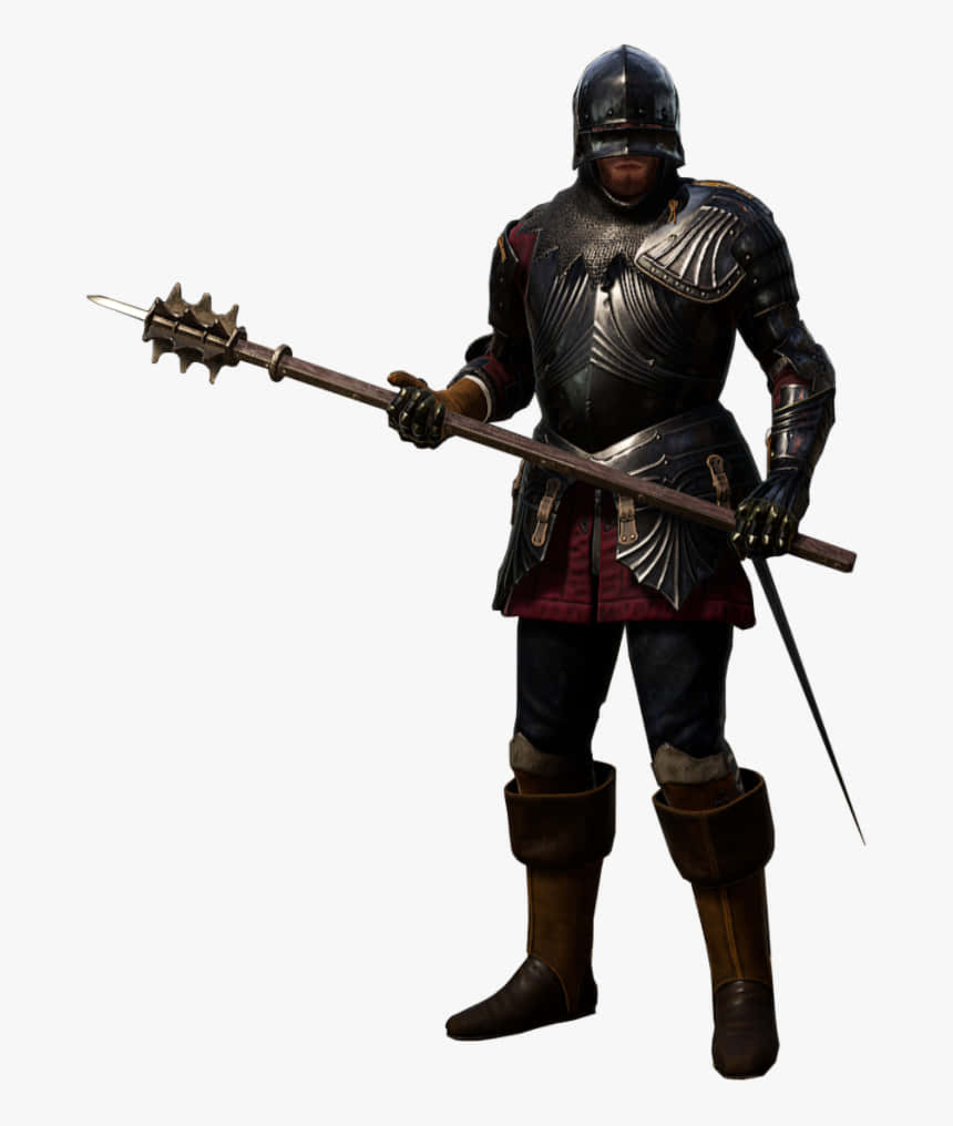 Android Mordhau 桌布 壁紙 — 一名身穿精細暗色盔甲的騎士，手持帶刺長戟和匕首，站在樸素背景前。