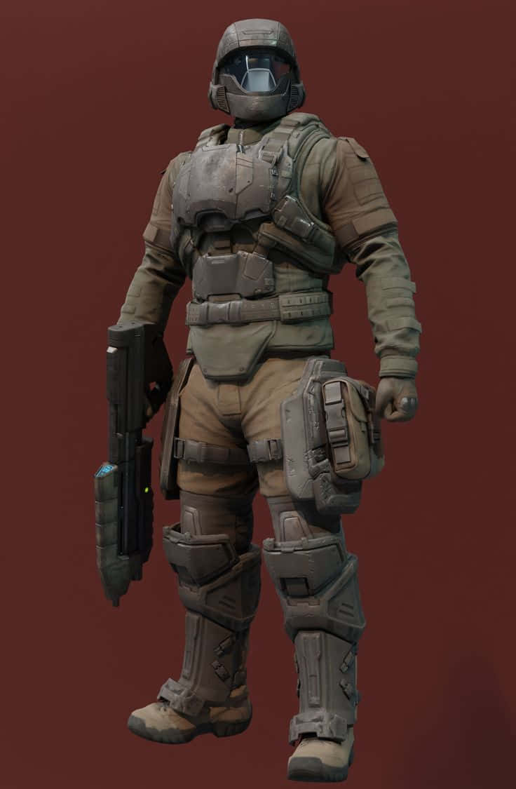 Halo Unsc 桌布 壁紙 — 一名身穿精細未來戰鬥裝甲的士兵，在純栗色背景前擺好姿勢，手持高科技武器。