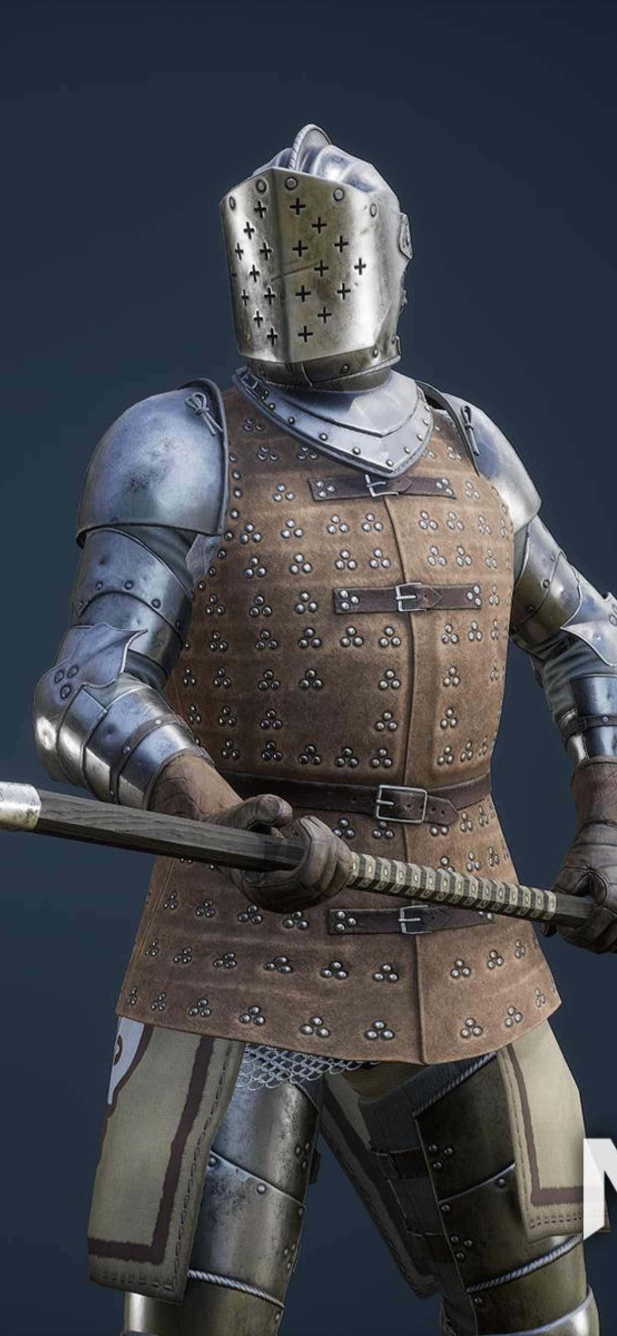 iPhone Xs Max Mordhau 桌布 壁紙 — 一名身穿精細板甲和皮革盔甲的騎士，在黑暗背景下手持劍。