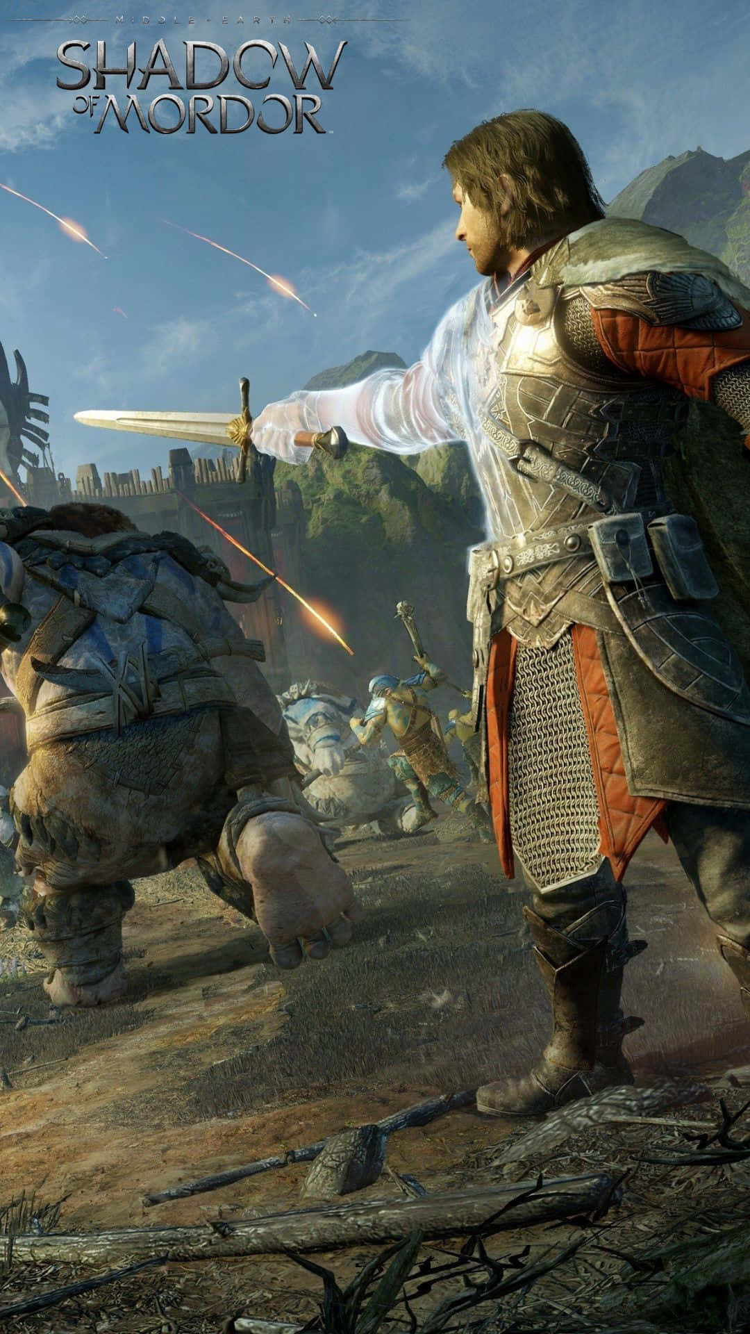 Android Shadow Of Mordor 桌布 壁紙 — 一名身穿精細盔甲的戰士手持劍準備就緒，箭矢在明亮的天空下飛過戰場。