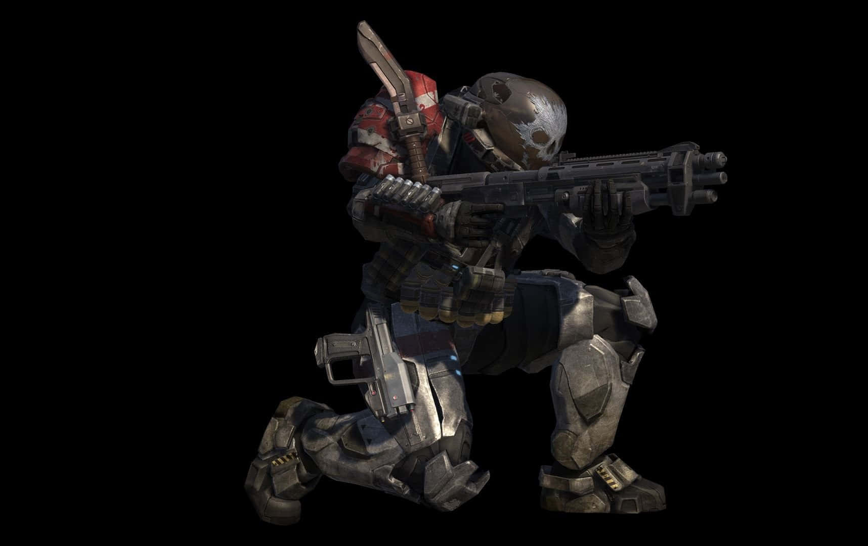 Halo Emile 桌布 壁紙 — 一名身穿精細盔甲的未來士兵跪下，用重型武器瞄準純黑色背景。