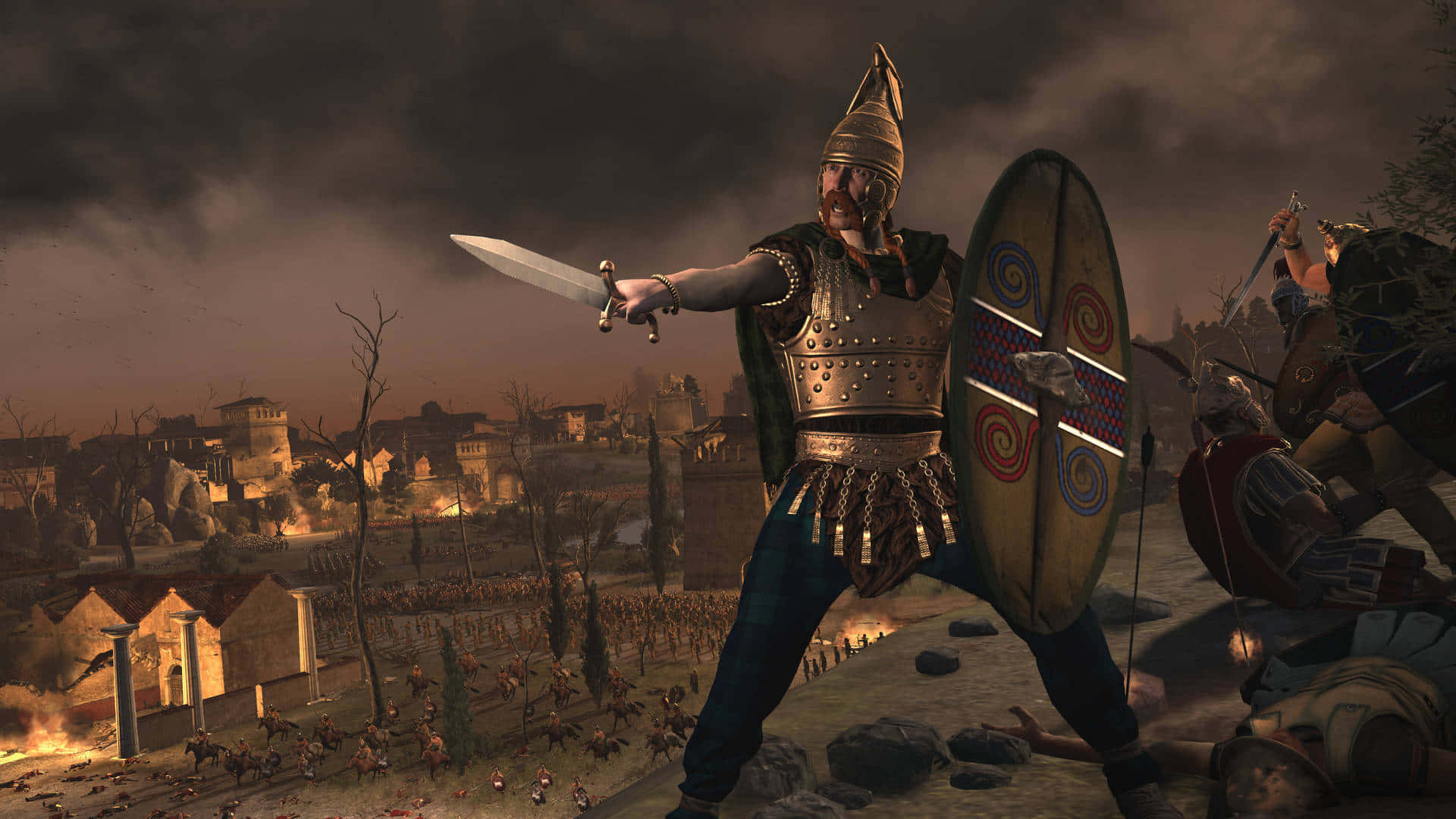 1920x1080 Total War Rome 2 桌布 壁紙 — 一名身穿精細盔甲的羅馬士兵，在黑暗風暴天空下的混亂戰場上，持劍和盾牌向前衝鋒。