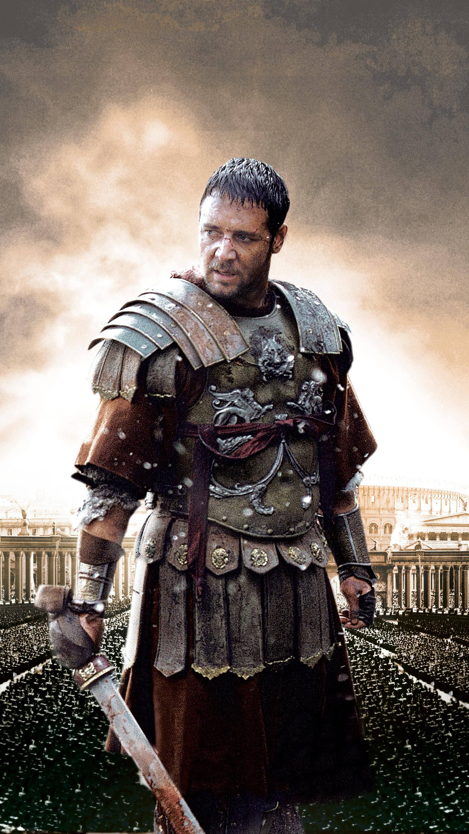 Gladiator 桌布 壁紙 — 一名身穿精細盔甲的羅馬士兵在煙霧瀰漫的天空下，背後是古代遺跡，堅定地站在雪中。