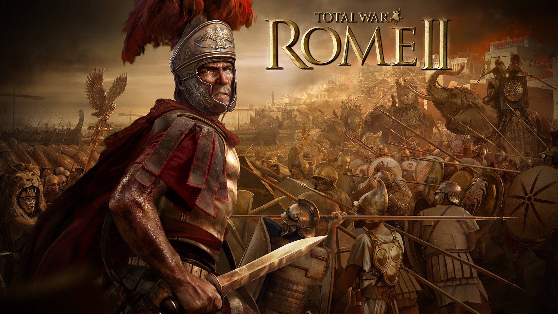 Rome 2 Total War 桌布 壁紙 — 一名身穿精細盔甲的羅馬軍團士兵，在煙霧瀰漫的天空下，於混亂的戰場上與大象和士兵們堅定地站立。