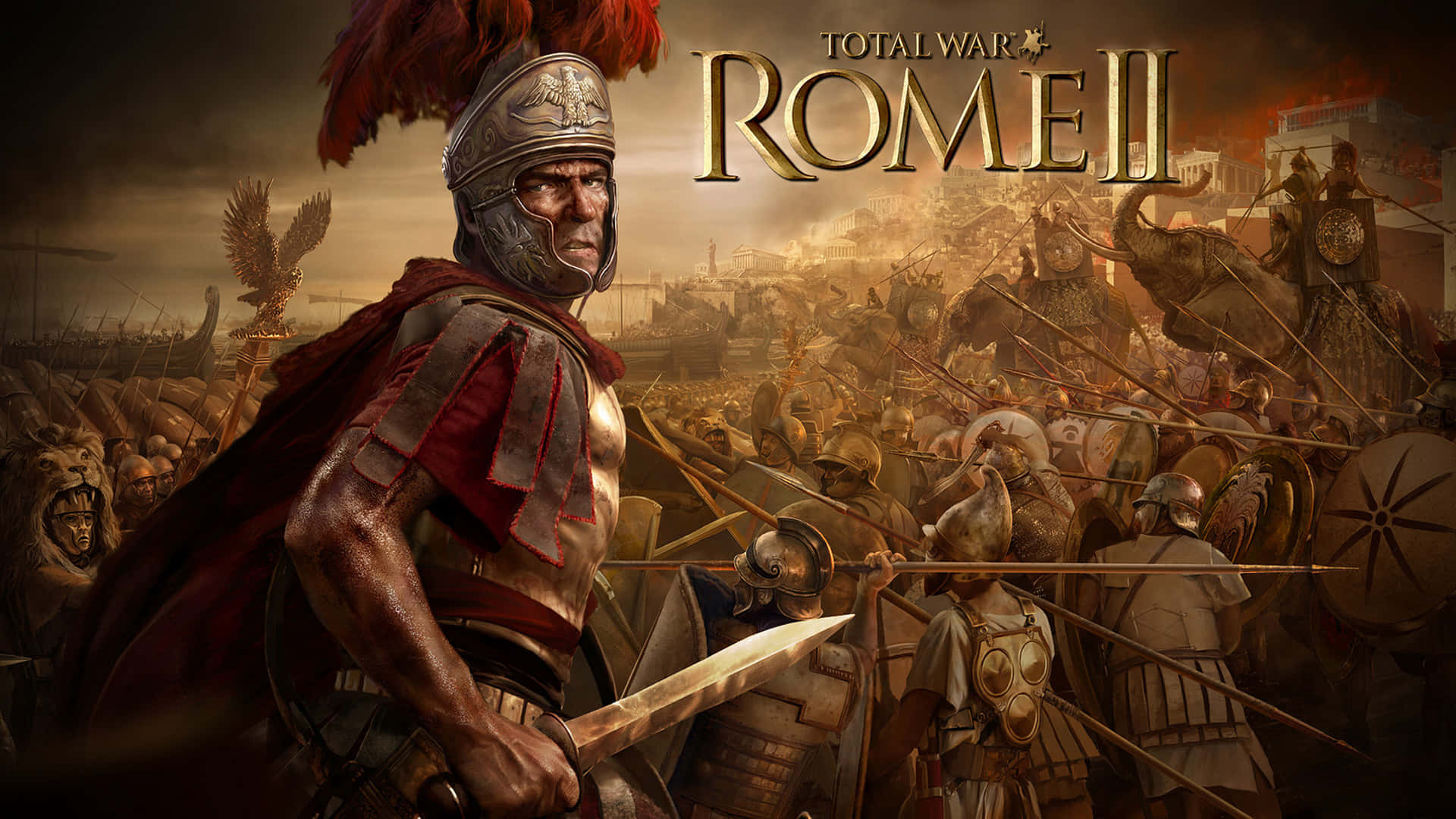1920x1080 Total War Rome 2 桌布 壁紙 — 一名身穿精細盔甲的羅馬軍團士兵，在煙霧瀰漫的天空下，站在大象與士兵激烈交戰的混亂戰場最前線，表現出挑釁的姿態。