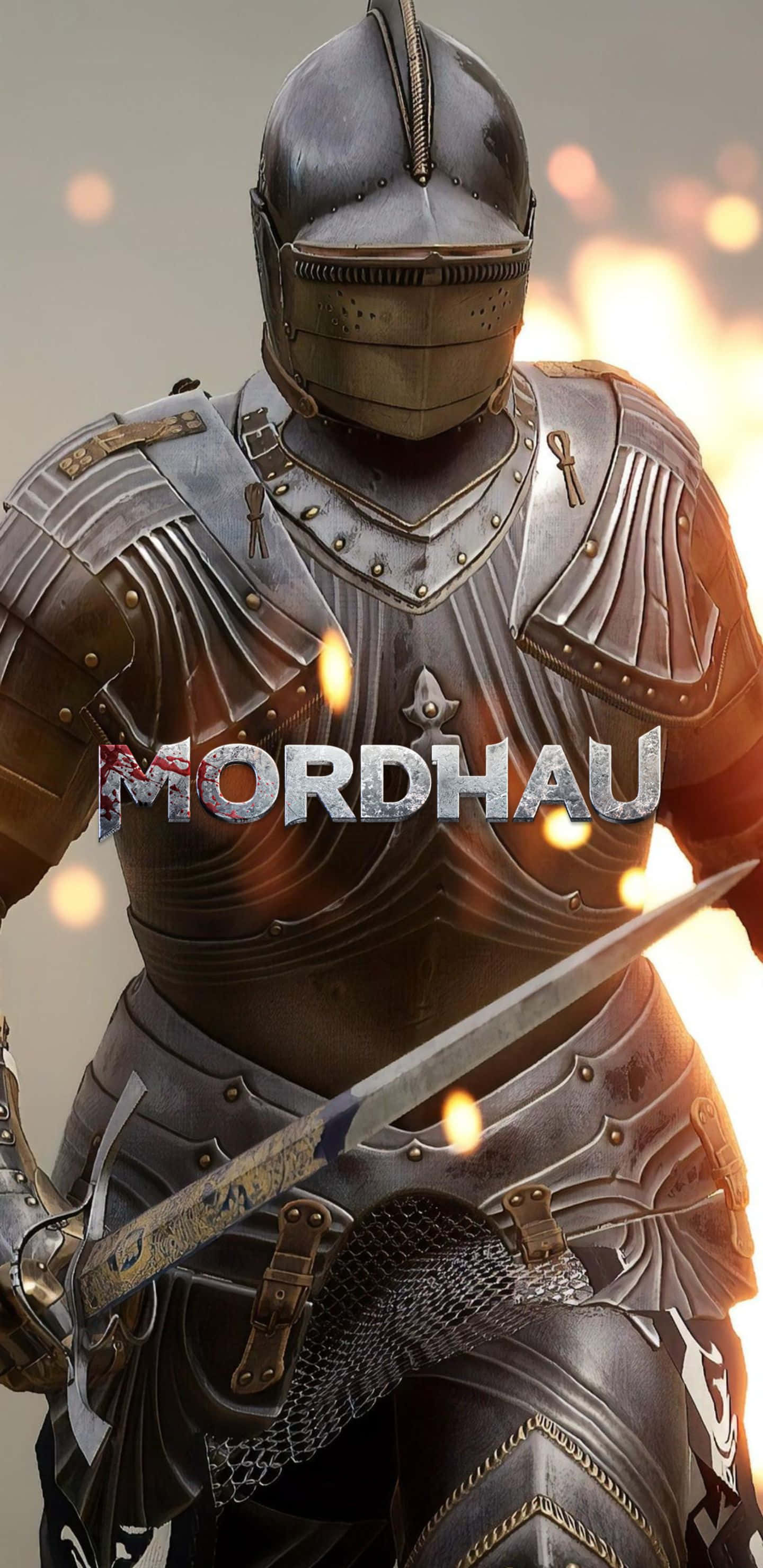 Pixel 3xl Mordhau 桌布 壁紙 — 一名身穿精細金屬盔甲的騎士手持劍，身後熾熱的餘燼在朦朧的背景中發光。