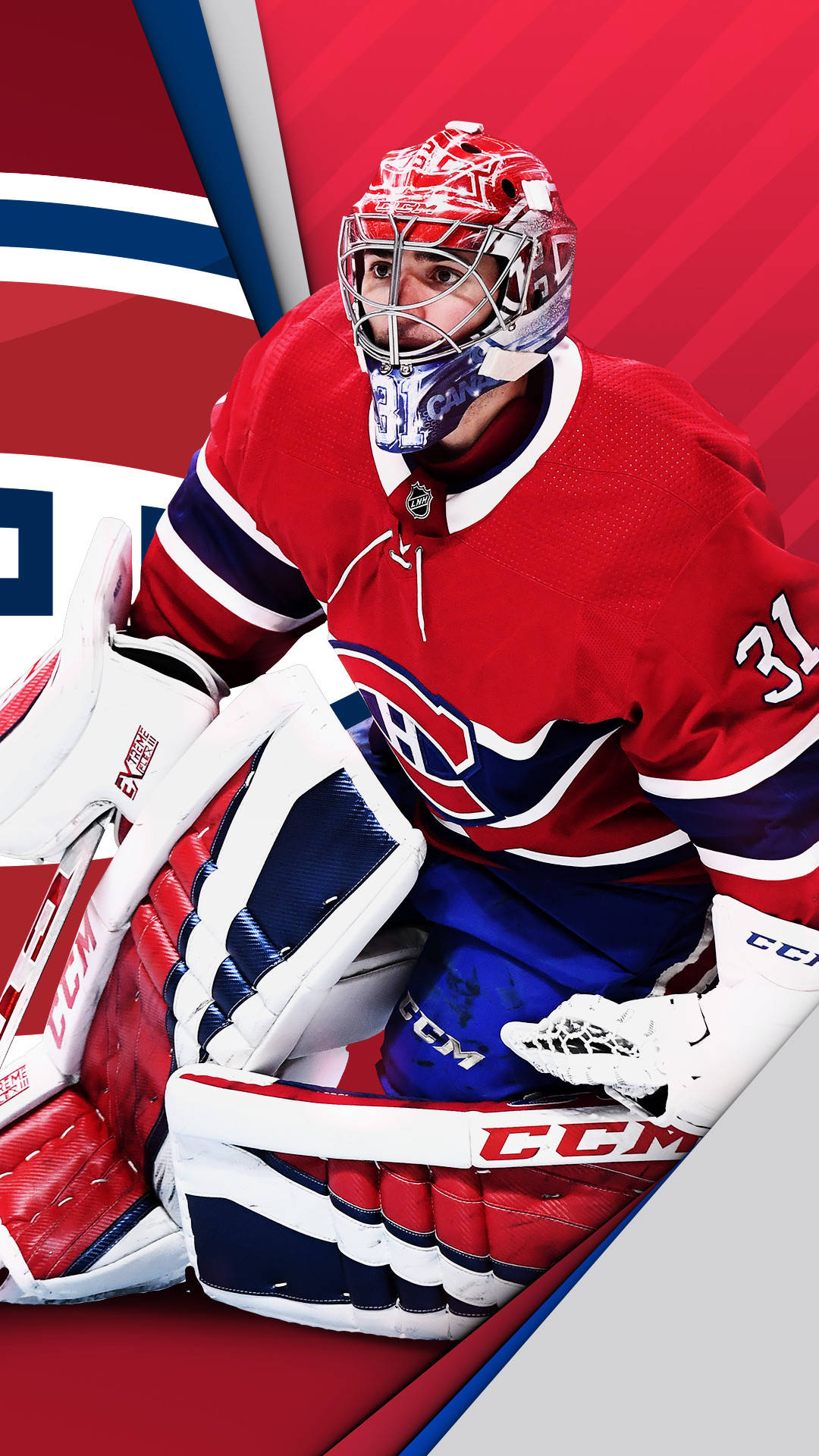 Carey Price 桌布 壁紙 — 一名身穿紅、藍、白色裝備的冰球守門員蹲伏在鮮明的幾何背景前，蓄勢待發。