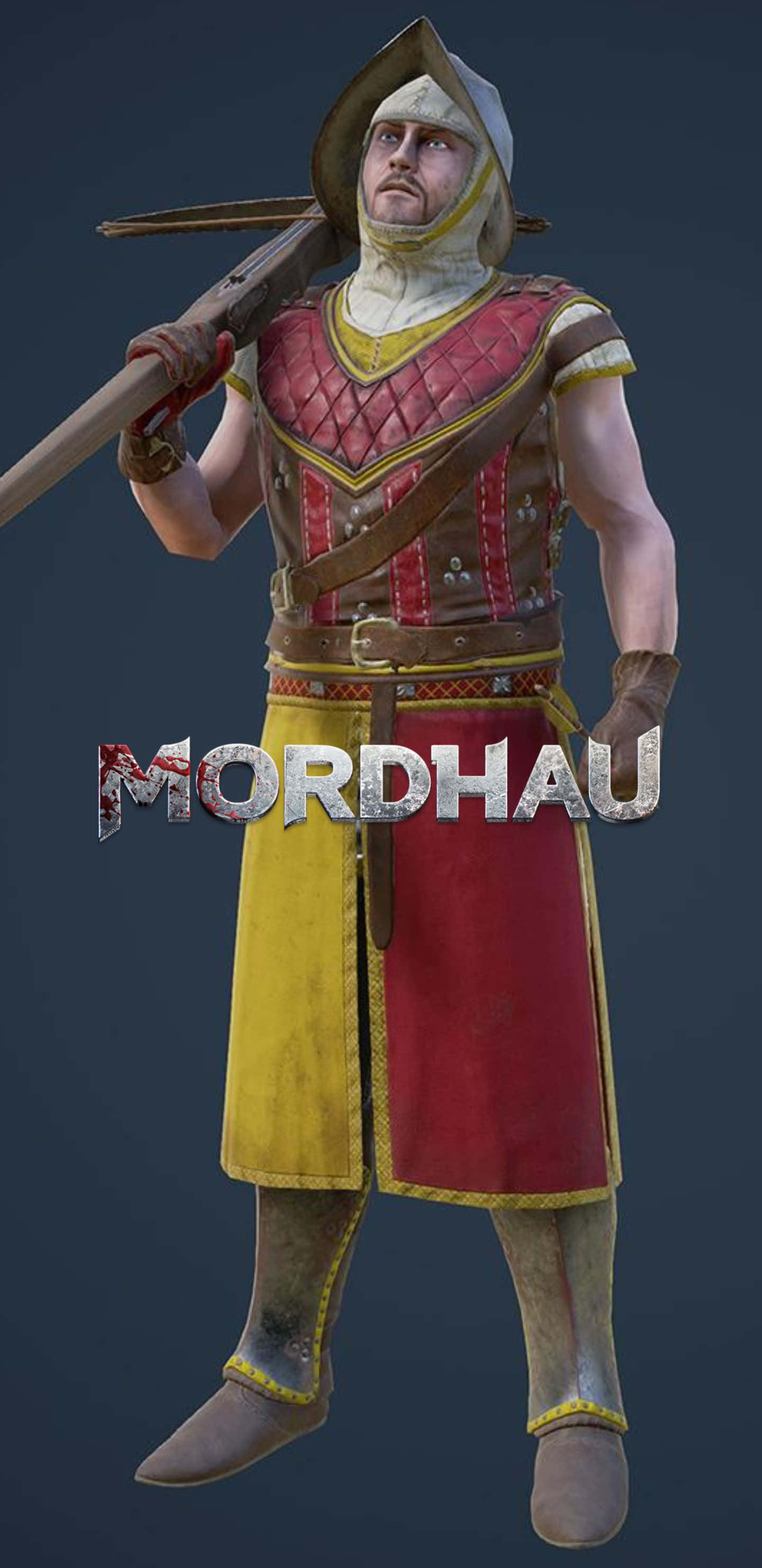 Pixel 3xl Mordhau 桌布 壁紙 — 一名身穿紅、黃、棕色盔甲的中世紀士兵，在黑暗背景下扛著十字弓。