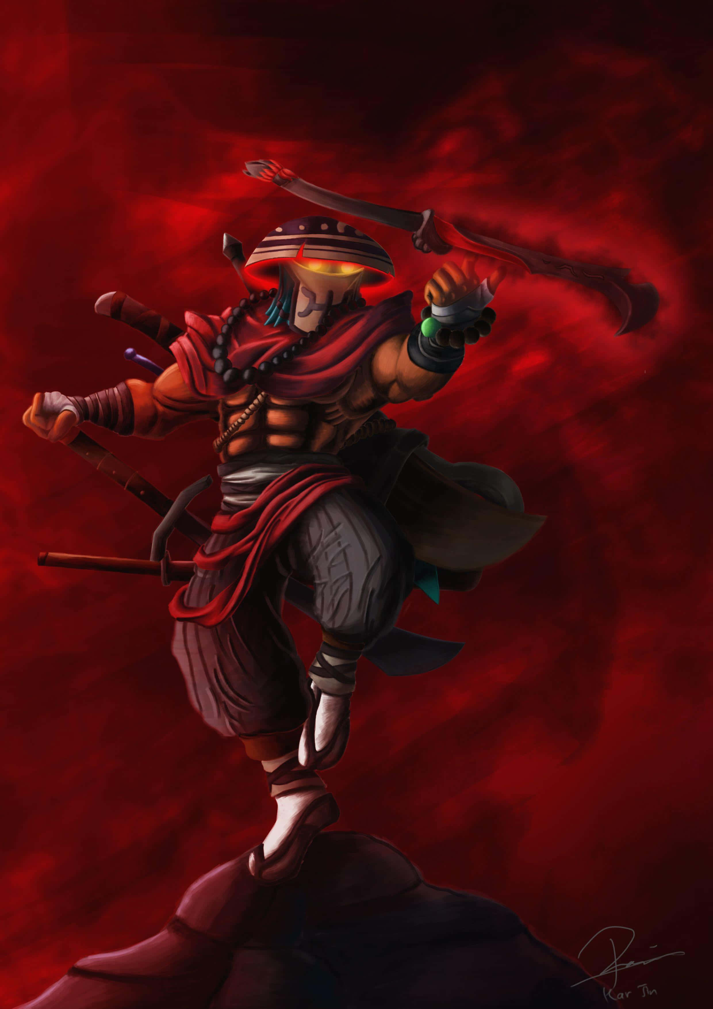 Dota 2 Juggernaut 桌布 壁紙 — 一名身穿紅灰色盔甲的蒙面戰士，在旋轉的深紅色背景下，揮舞著雙彎刀，動態跳躍。