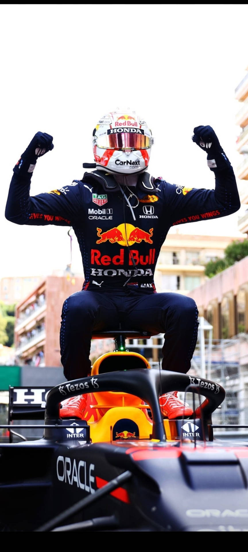 F1車手在賽車頂上高舉拳頭慶祝勝利。