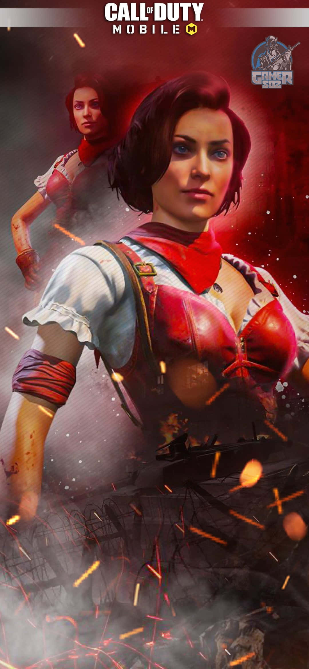 Cod Mobile Character Skins 桌布 壁紙 — 一名身穿紅白戰鬥裝備的兇猛女兵，在熾熱的火花和煙霧中站立，目光堅定。