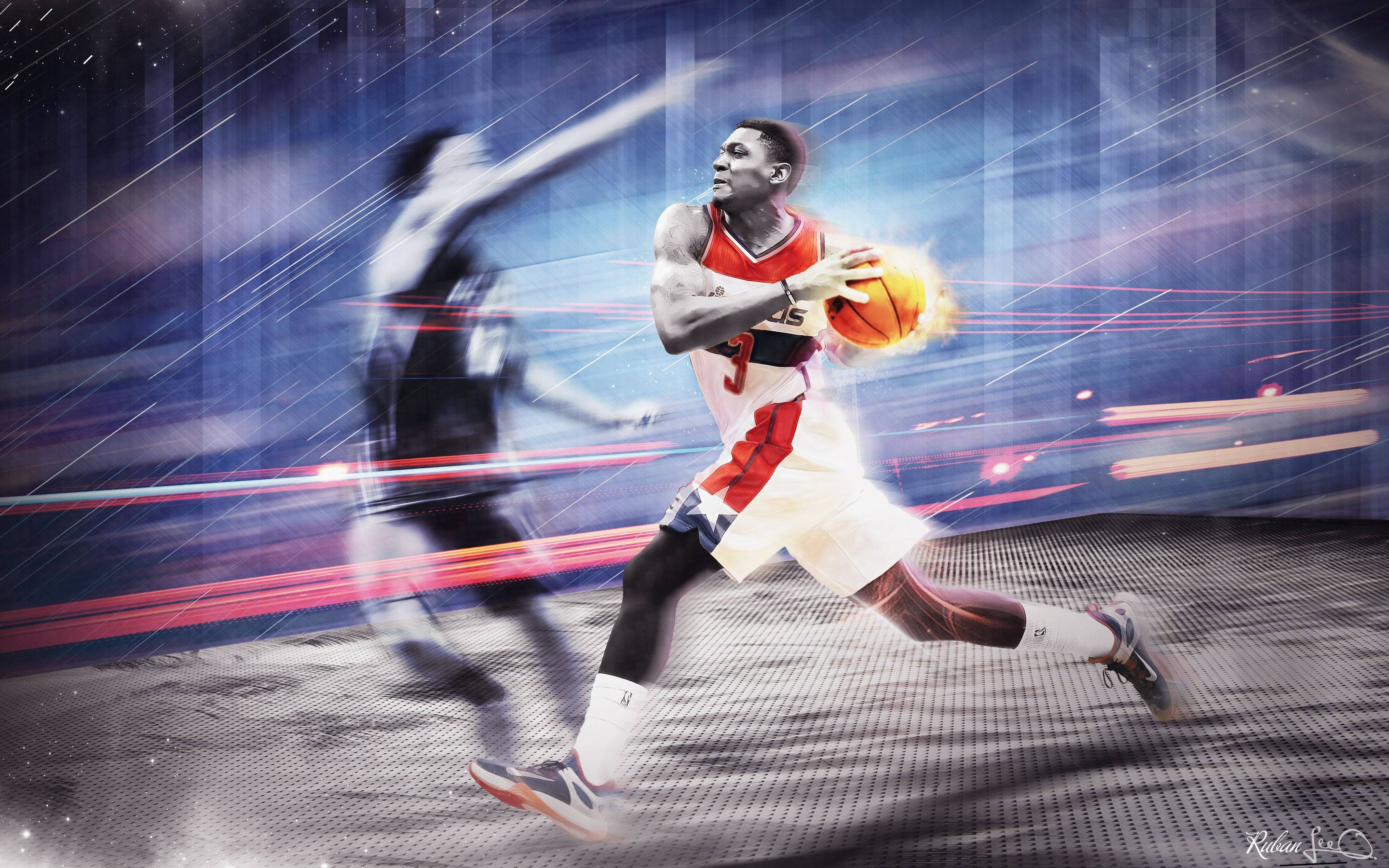 Bradley Beal 桌布 壁紙 — 一名身穿紅白球衣的籃球運動員，在動態的藍紅條紋背景下，以火熱的動態模糊運球。