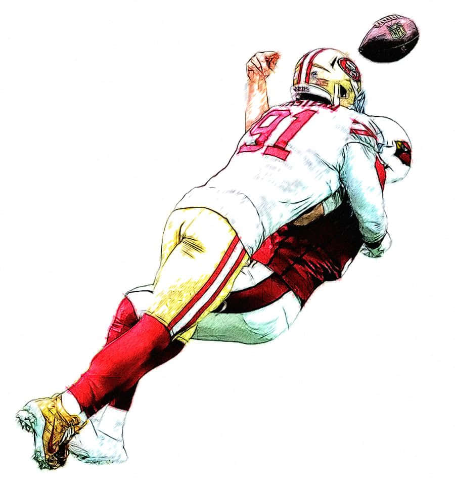 San Francisco 49ers 桌布 壁紙 — 一名身穿紅白球衣的美式足球員向前飛撲，在純白背景前接住空中的美式足球。