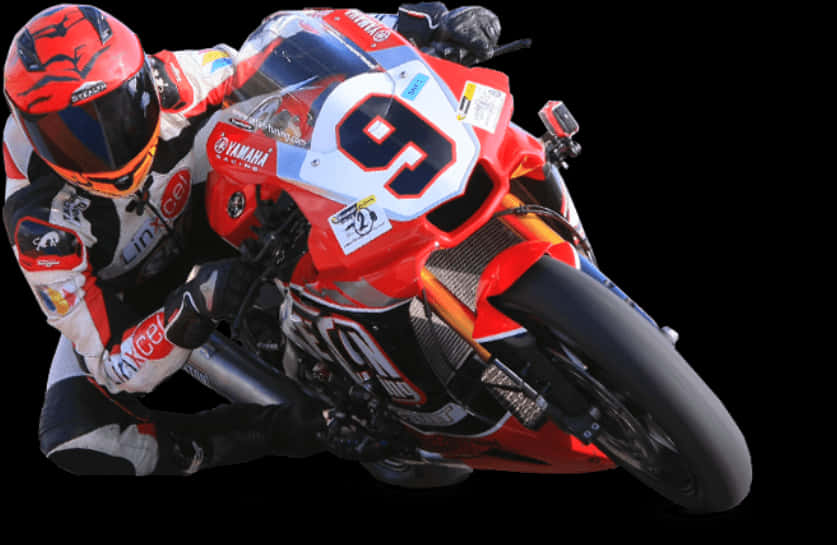 yamaha 桌布 壁紙 — 一名身穿紅白裝備的摩托車手在黑色背景前，騎著紅色Yamaha賽車（號碼9）傾斜入彎。