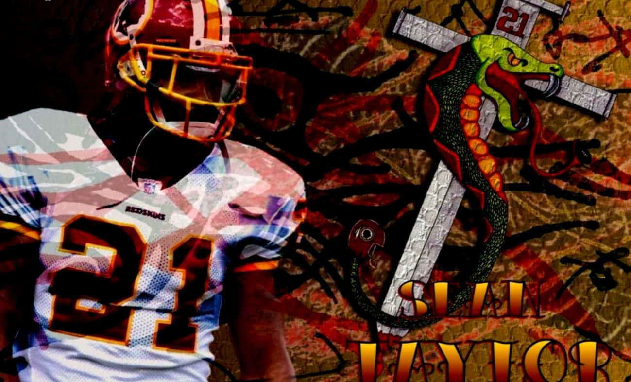 Washington Redskins 桌布 壁紙 — 一名身穿紅皮隊球衣的足球員站在一把被綠色蛇纏繞的劍旁邊，背景是塗鴉風格。
