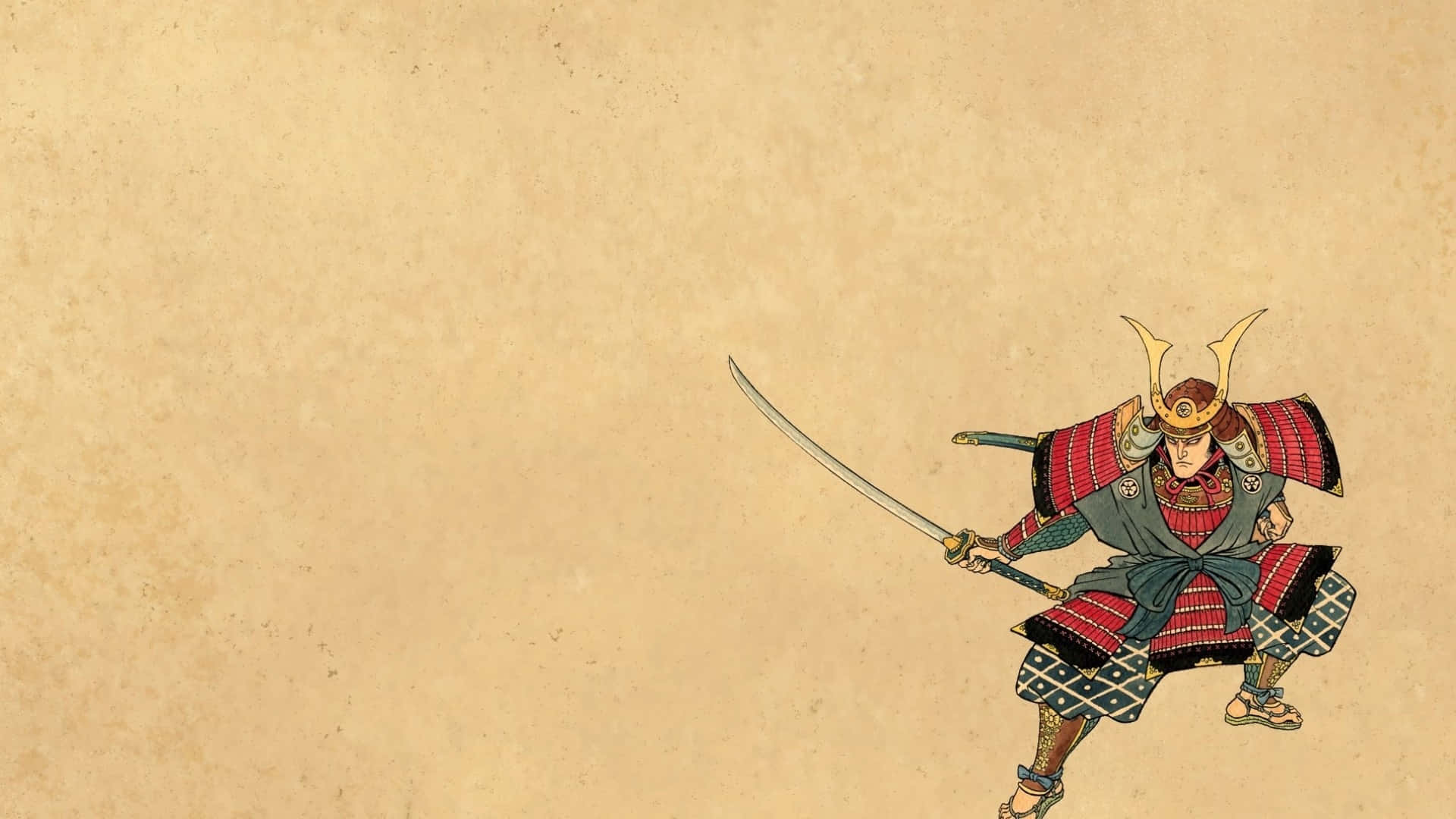 Bushido 桌布 壁紙 — 一名身穿紅綠盔甲的武士蹲伏著，手持武士刀，背景為有紋理的米色。