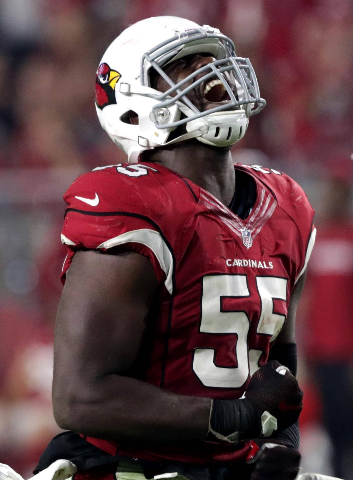Arizona Cardinals 桌布 壁紙 — 一名身穿紅色 Cardinals 55號球衣的美式足球員在球場人群中勝利地咆哮。