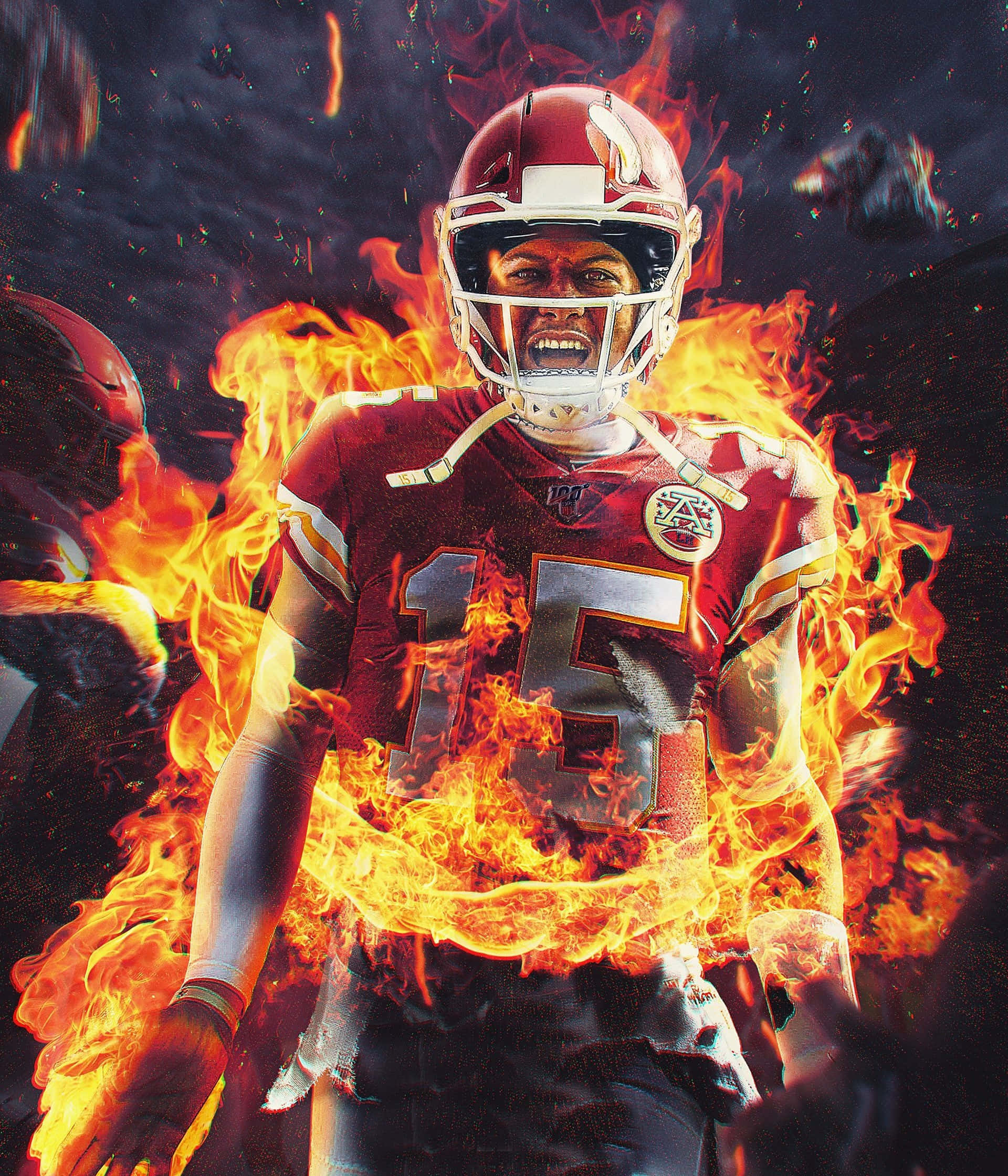 Football On Fire 桌布 壁紙 — 一名身穿紅色15號球衣的足球運動員，在黑暗的宇宙背景下被熊熊烈火吞噬。
