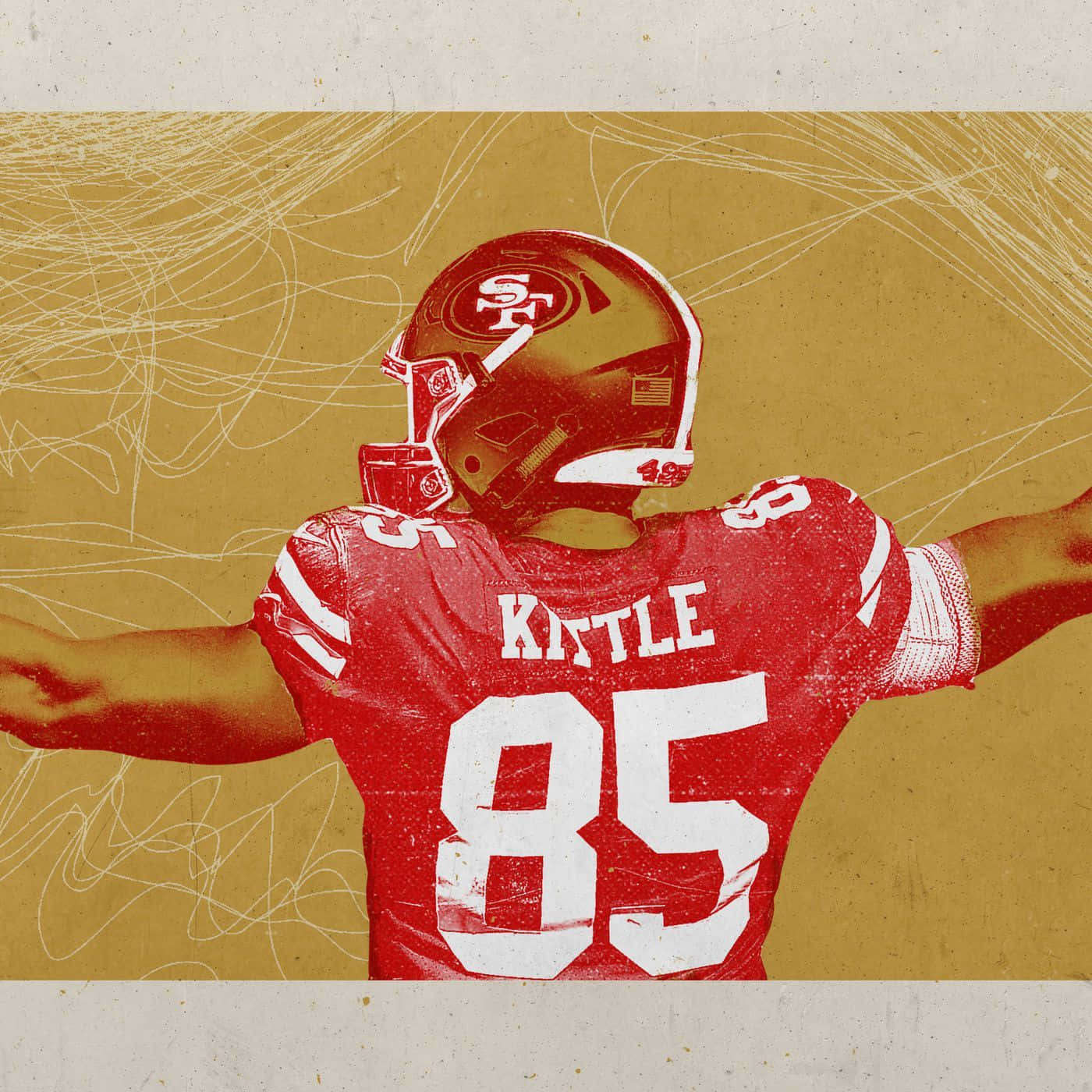 Football Players 桌布 壁紙 — 一名身穿紅色49ers球衣的美式足球員，在帶有白色草圖線條的紋理金色背景上張開雙臂。
